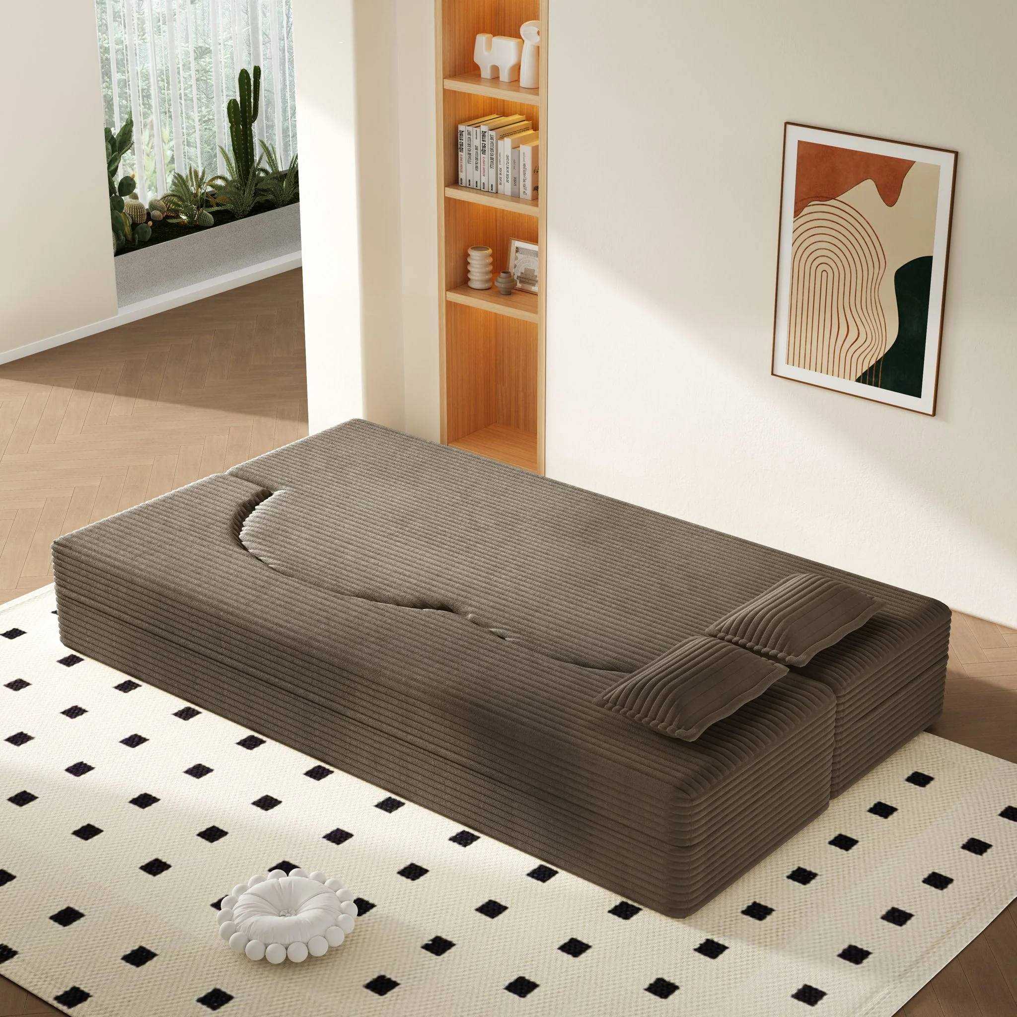Modern Floor Sofa With 2 Pillows, Convertible Twin Size Folding Mattress For Living Room - Image 43