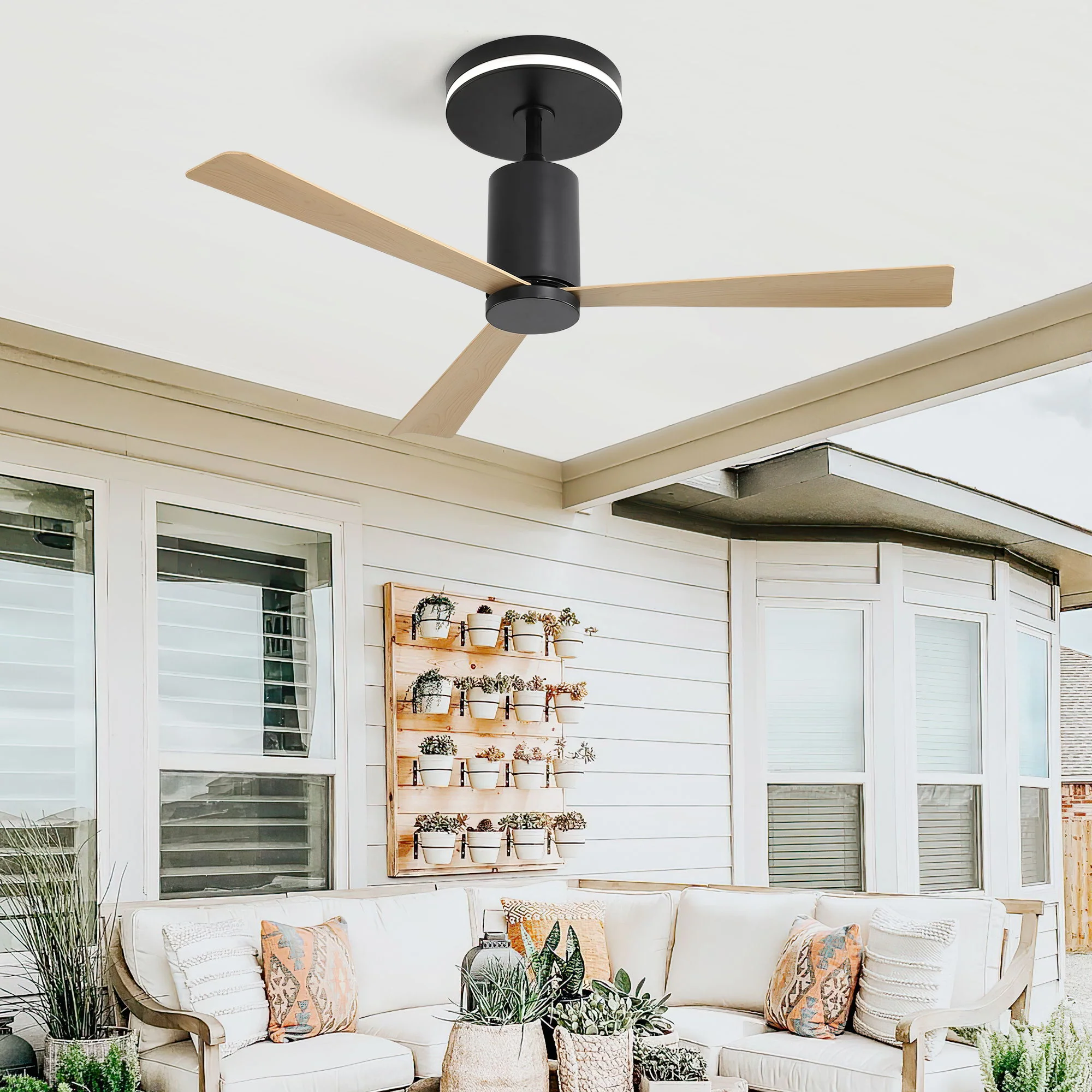 Modern Flush Mount Ceiling Fan With Led Light And Remote Control, 3 ABS Blades Noiseless Reversible Dc Motor For Patio Living Room - Matte Black - Image 2