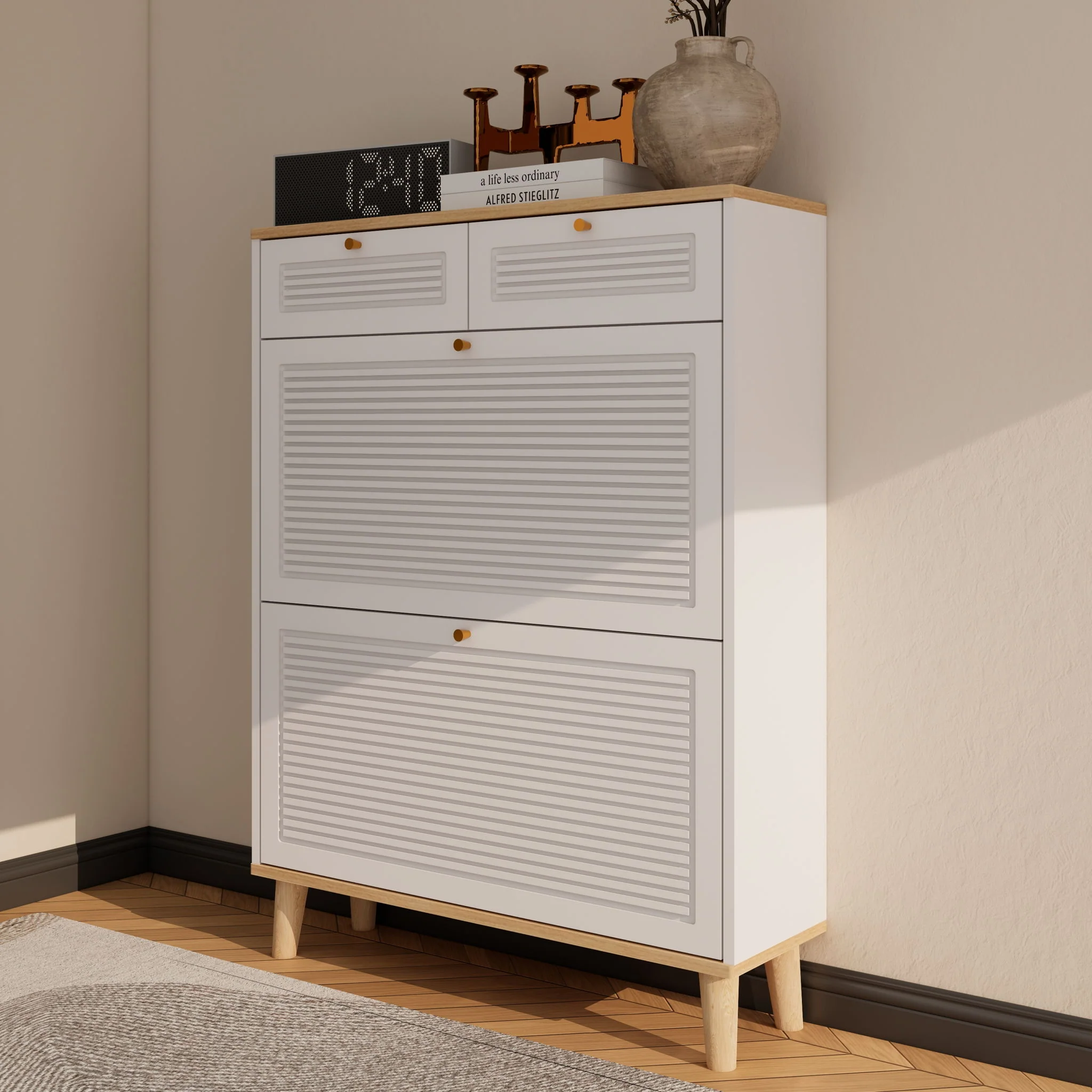 Modern Freestanding Shoe Cabinet With Flip Up Doors And Drawers, Compact Design For Entryway - White Natural - Image 7
