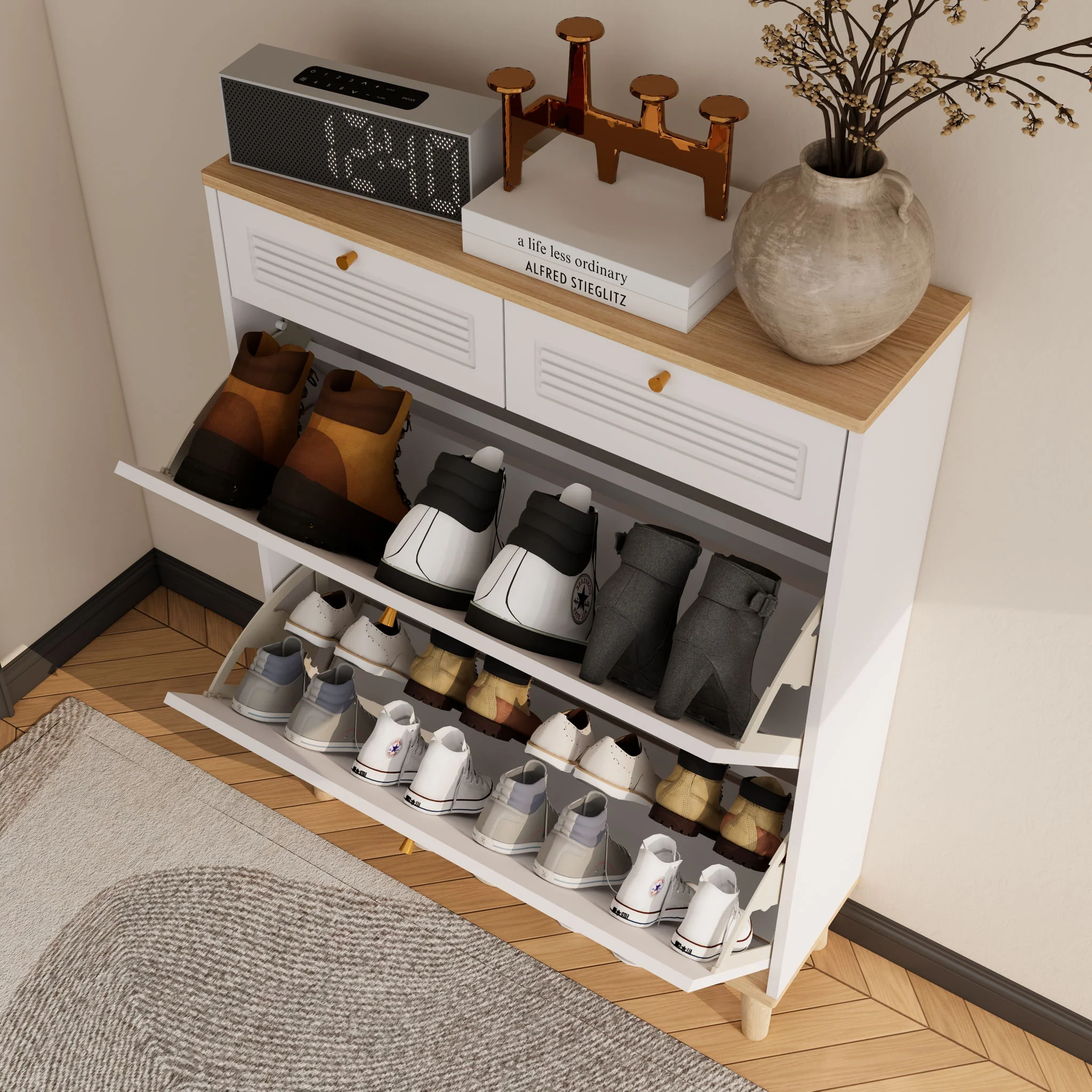 Modern Freestanding Shoe Cabinet With Flip Up Doors And Drawers, Compact Design For Entryway - White Natural - Image 8