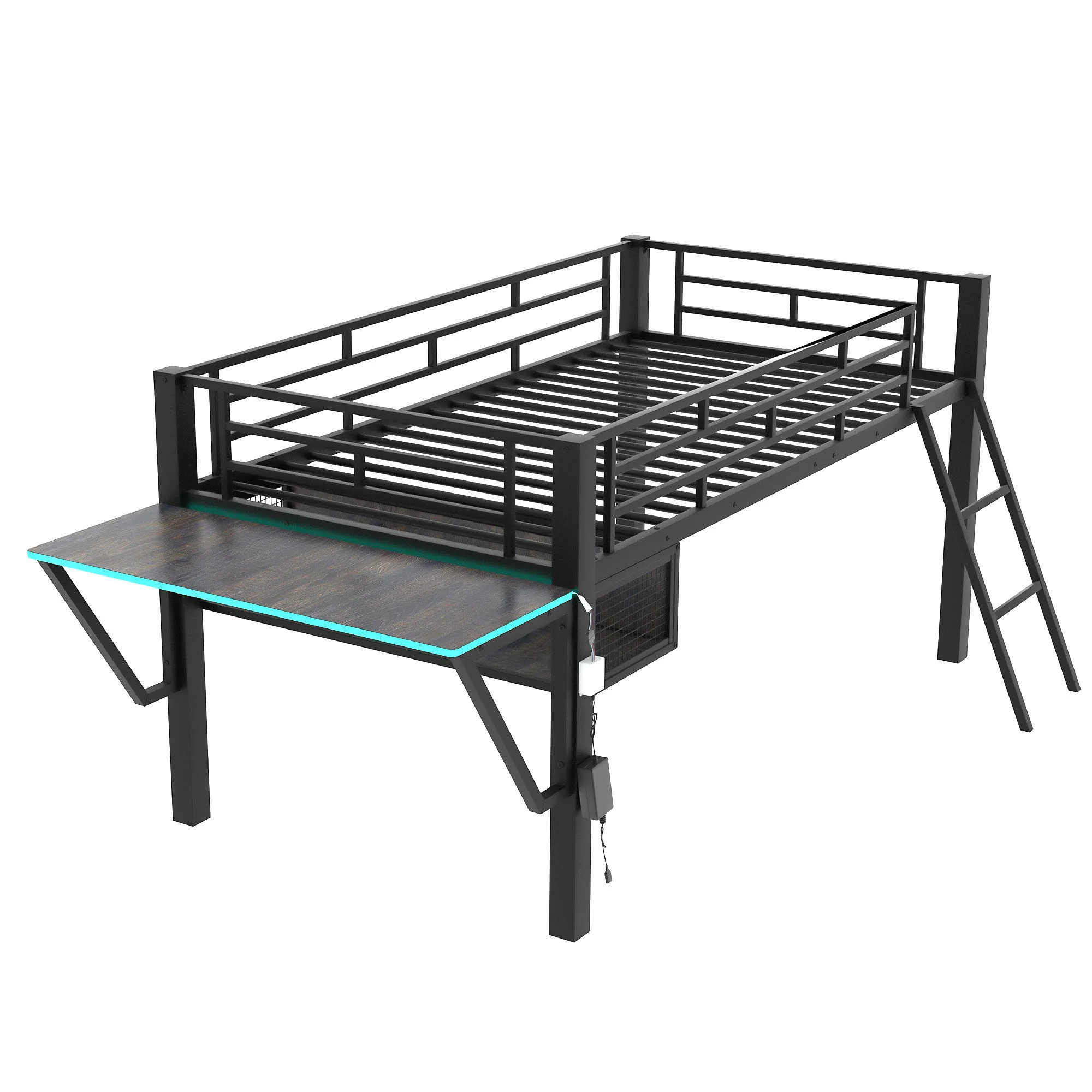 Modern Gaming Mid Loft Bed With Desk And LED Lights - Image 5