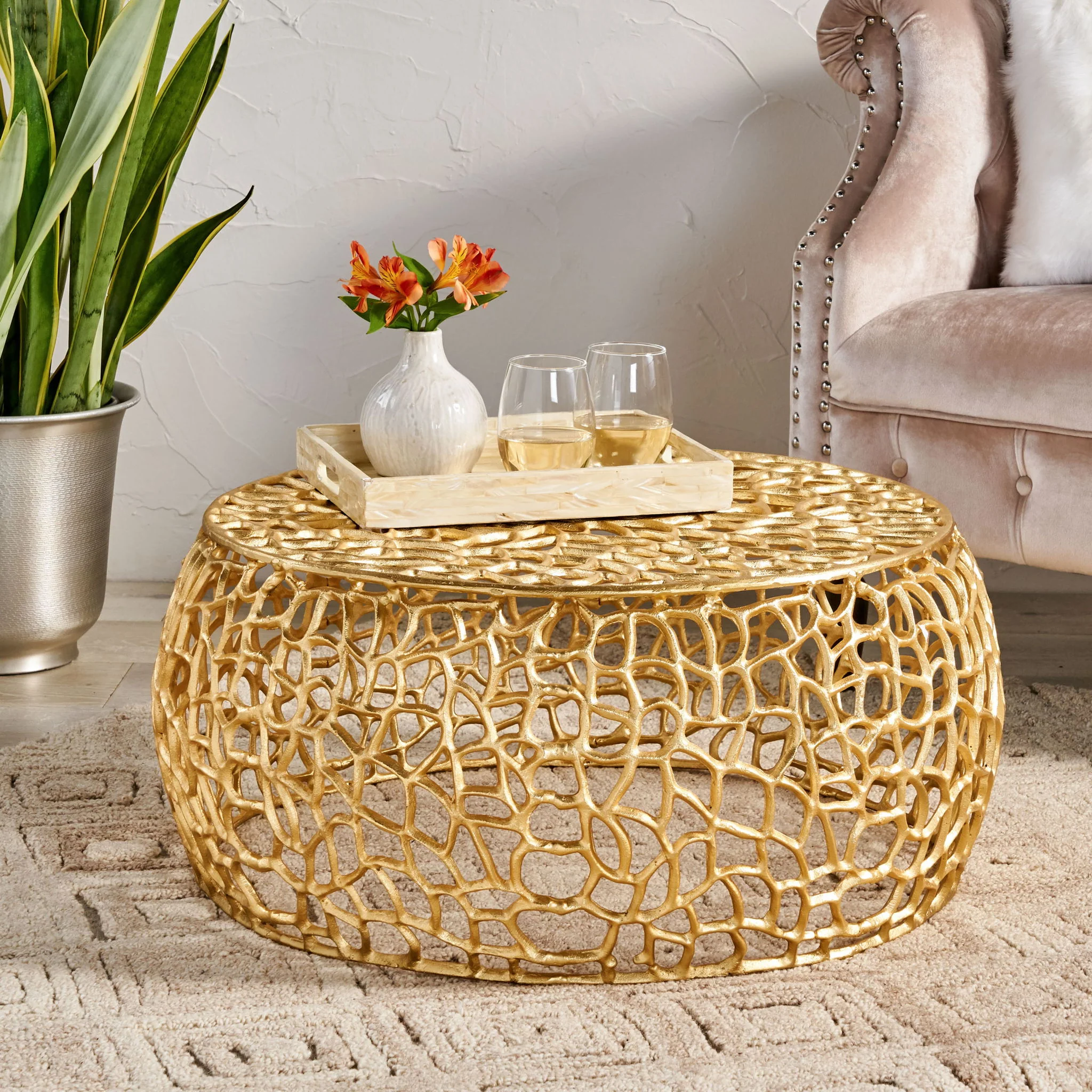 Modern Glam Mesh Coffee Table With Accents And - Gold - Image 5