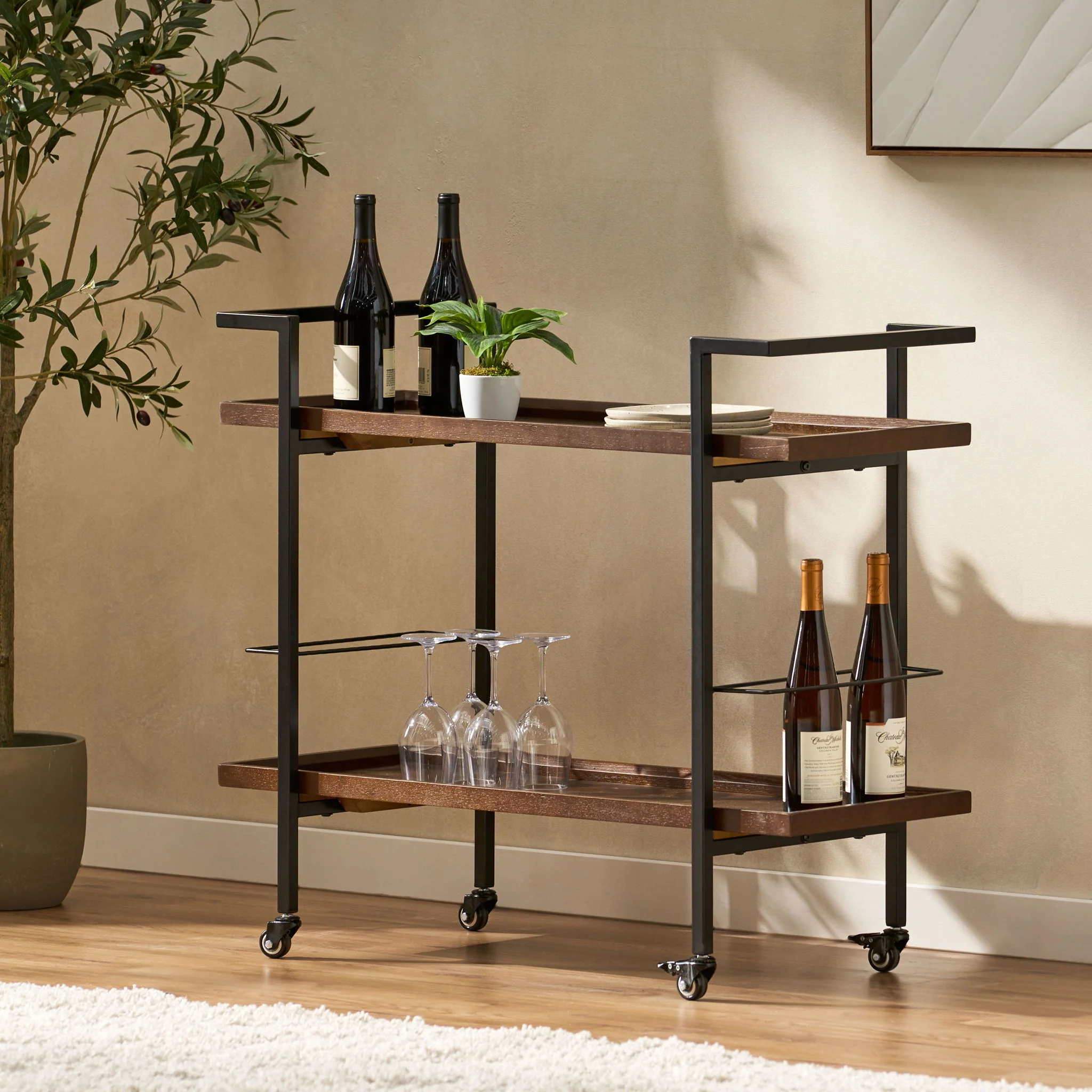Modern Industrial Bar Cart With Shelving And Casters - Image 16