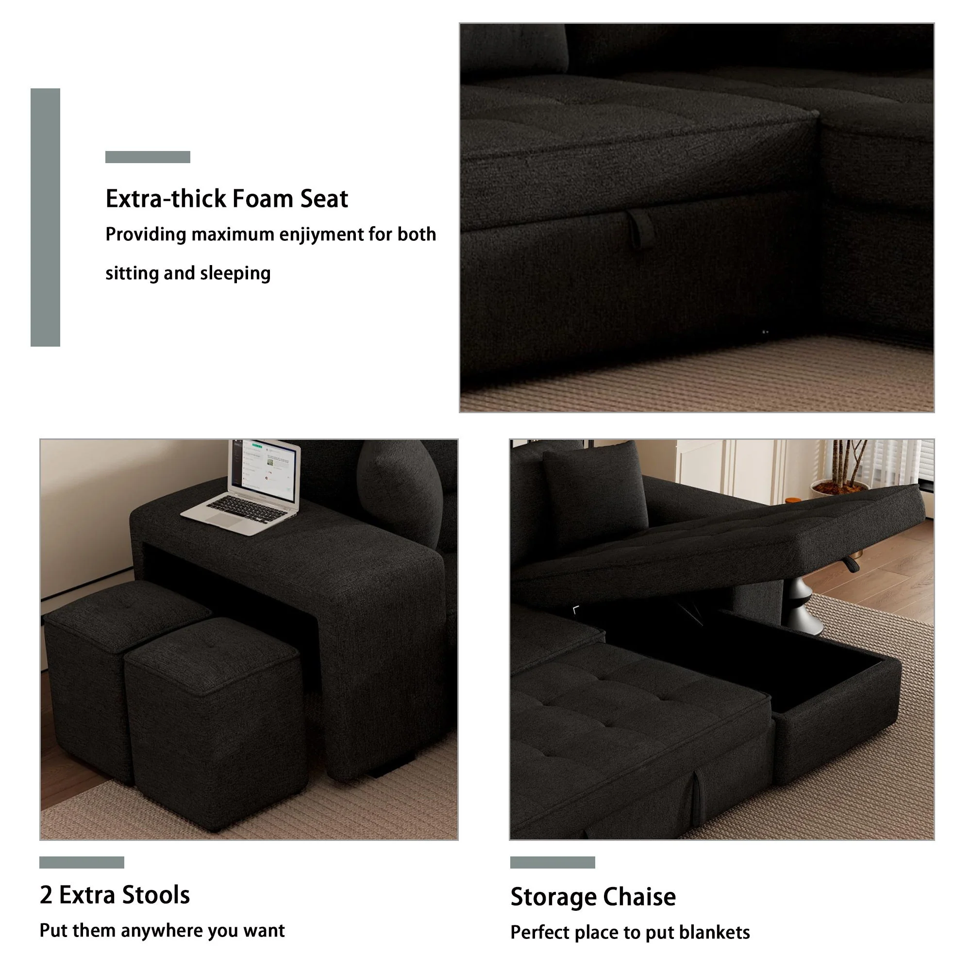 Modern L-Shape 3 Seat Reversible Sectional Couch, Pull Out Sleeper Sofa With Storage Chaise And 2 Stools For Living Room Furniture Set - Image 26