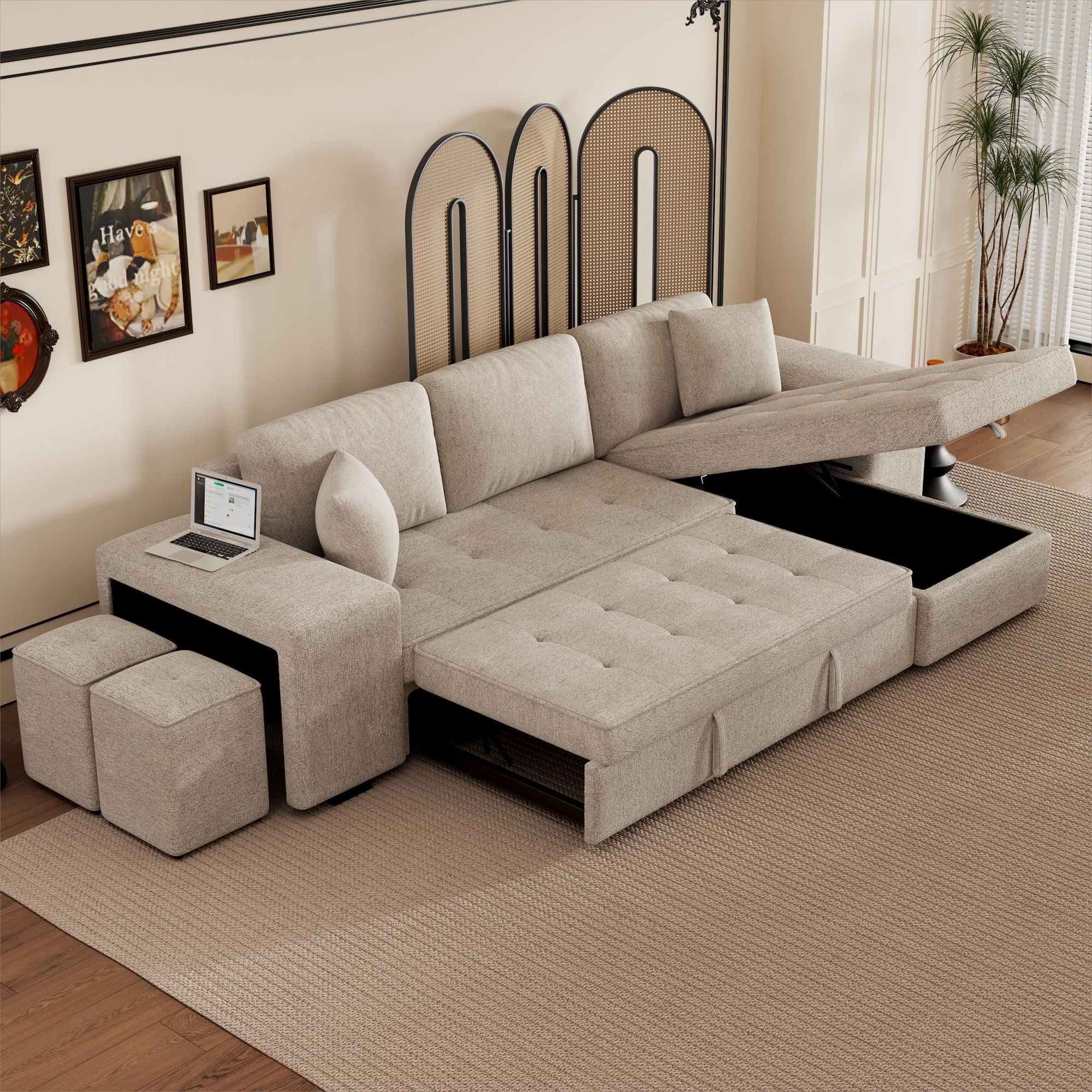 Modern L-Shape 3 Seat Reversible Sectional Couch, Pull Out Sleeper Sofa With Storage Chaise And 2 Stools For Living Room Furniture Set - Image 7