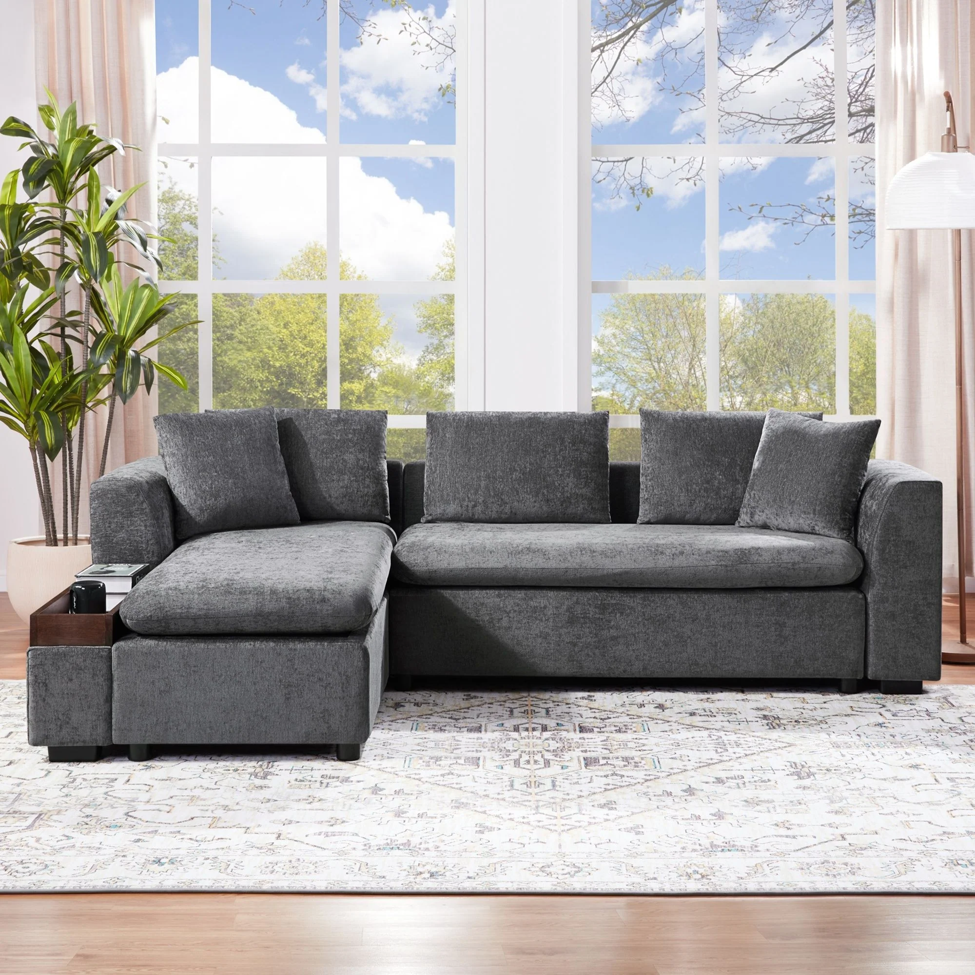Modern L Shaped Sectional Sofa With Upholstery And Wooden Storage - Image 14
