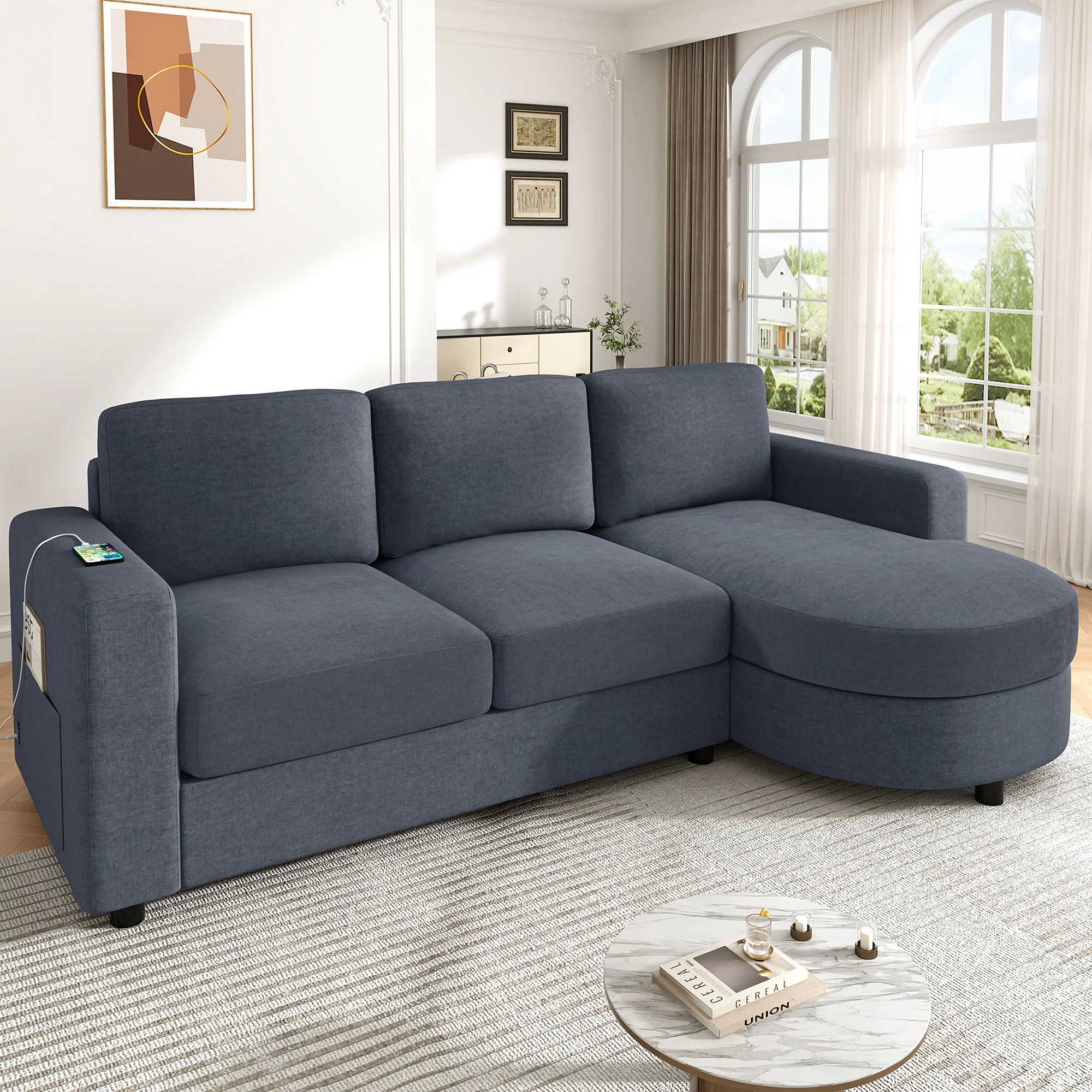 Modern L-Shaped Sectional Sofa With Curved Chaise, USB Ports, And Side Storage Pockets - Image 18