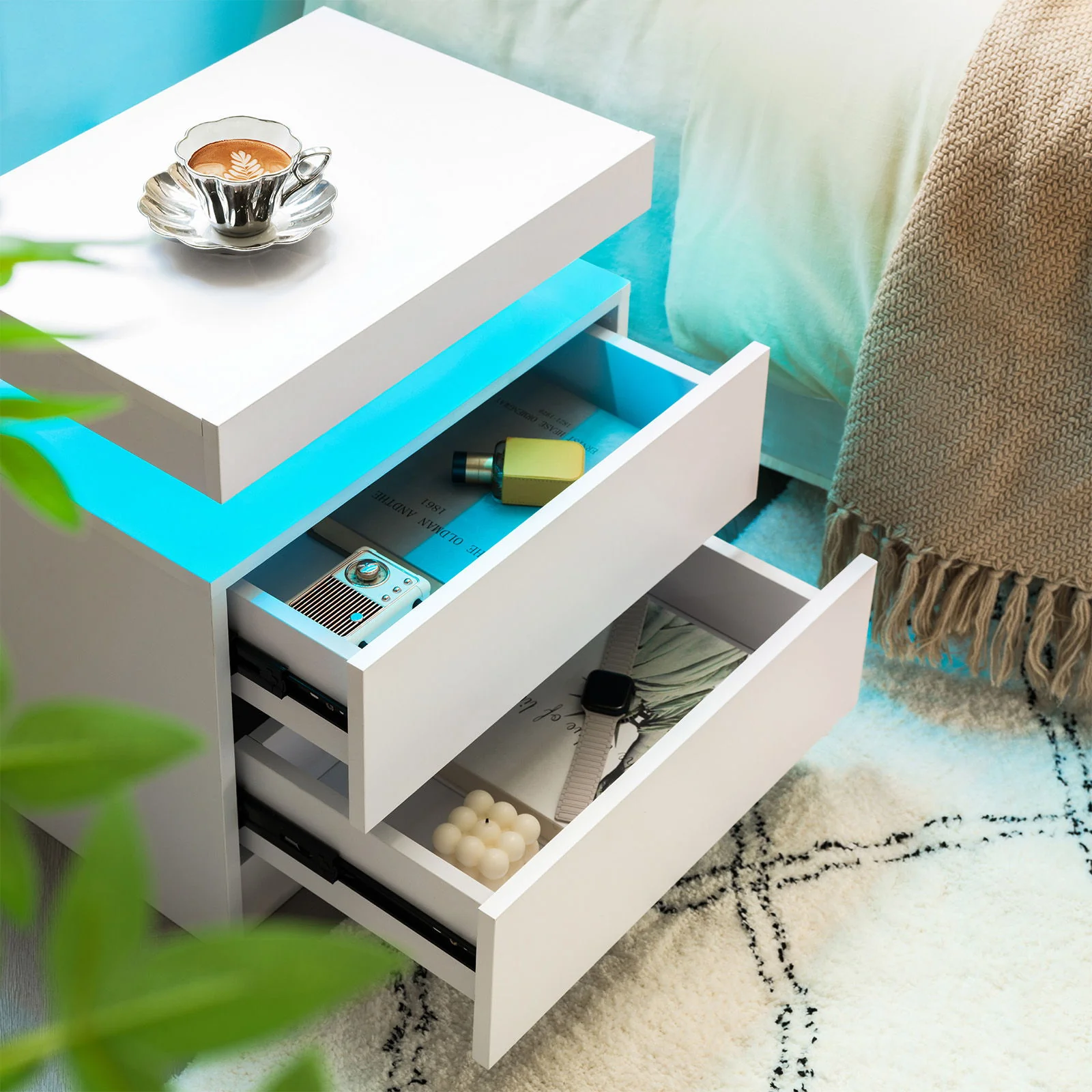 Modern LED Bedside Table Cabinet With Adjustable Lights And 2 Drawers - White - Image 3