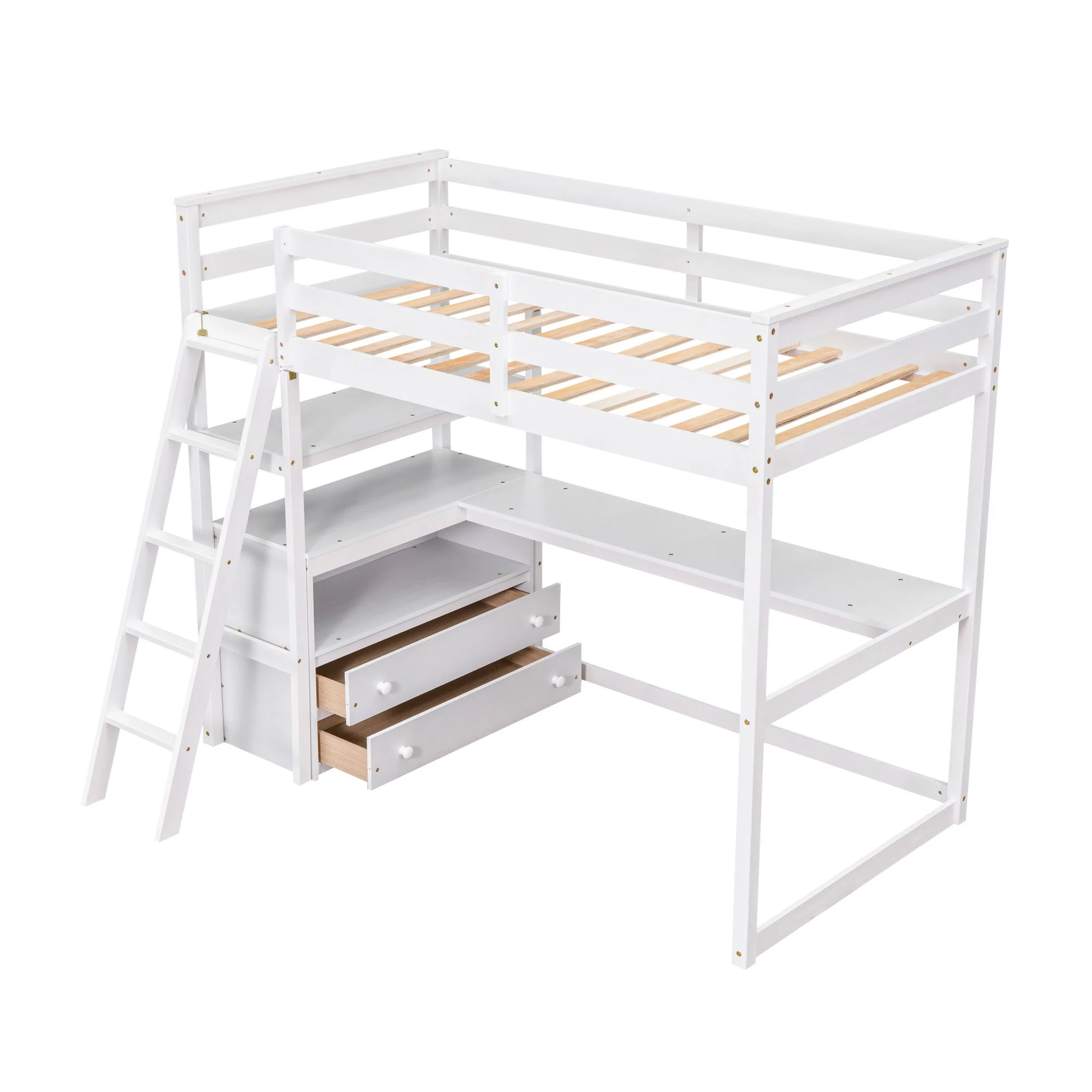 Modern Loft Bed With Built In Desk, Shelves, And 2 Drawers - Image 12