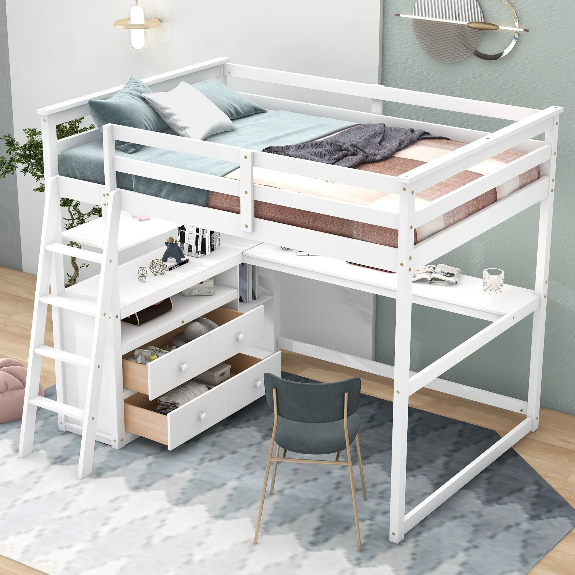 Modern Loft Bed With Built In Desk, Shelves, And 2 Drawers - Image 14