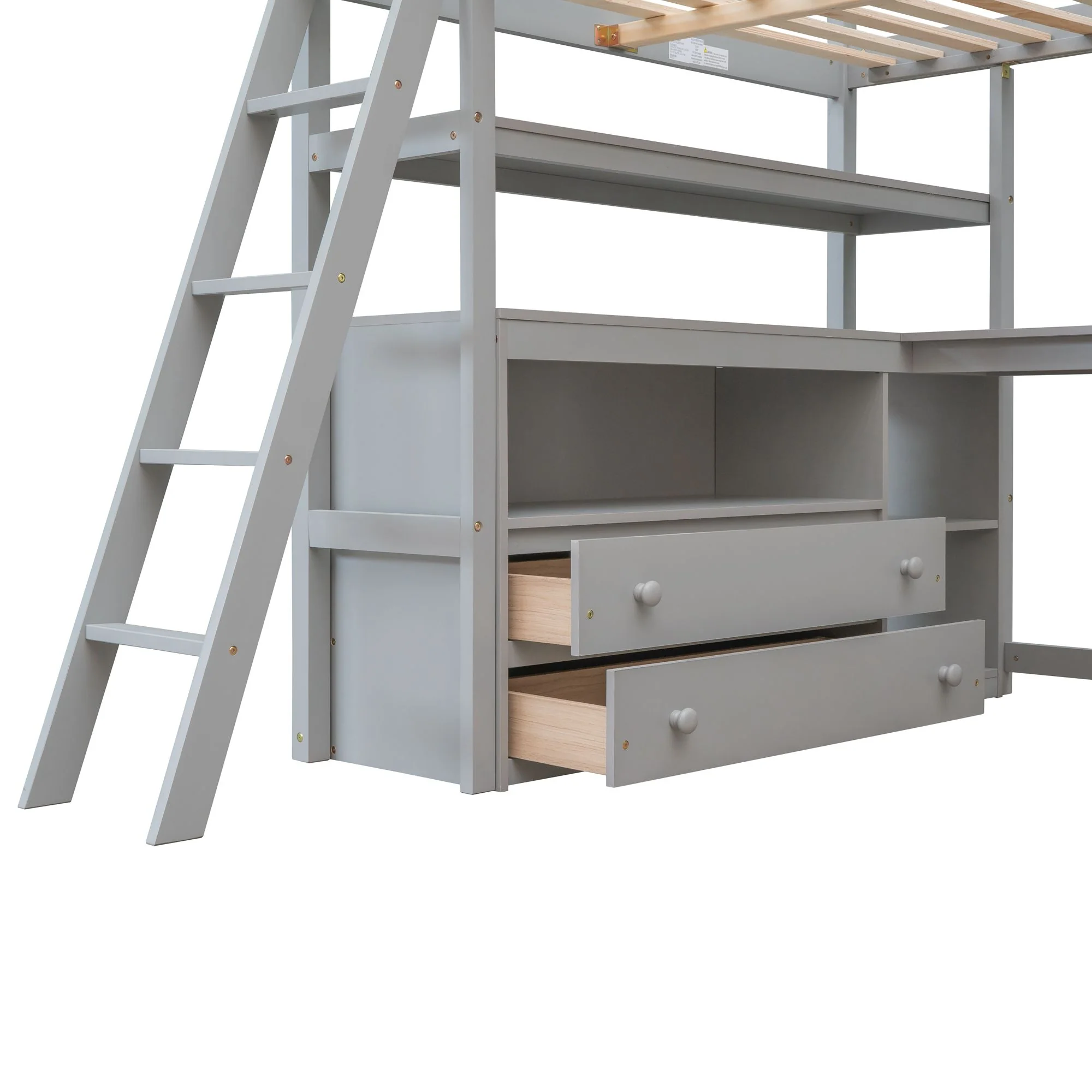 Modern Loft Bed With Built In Desk, Shelves, And 2 Drawers - Image 21