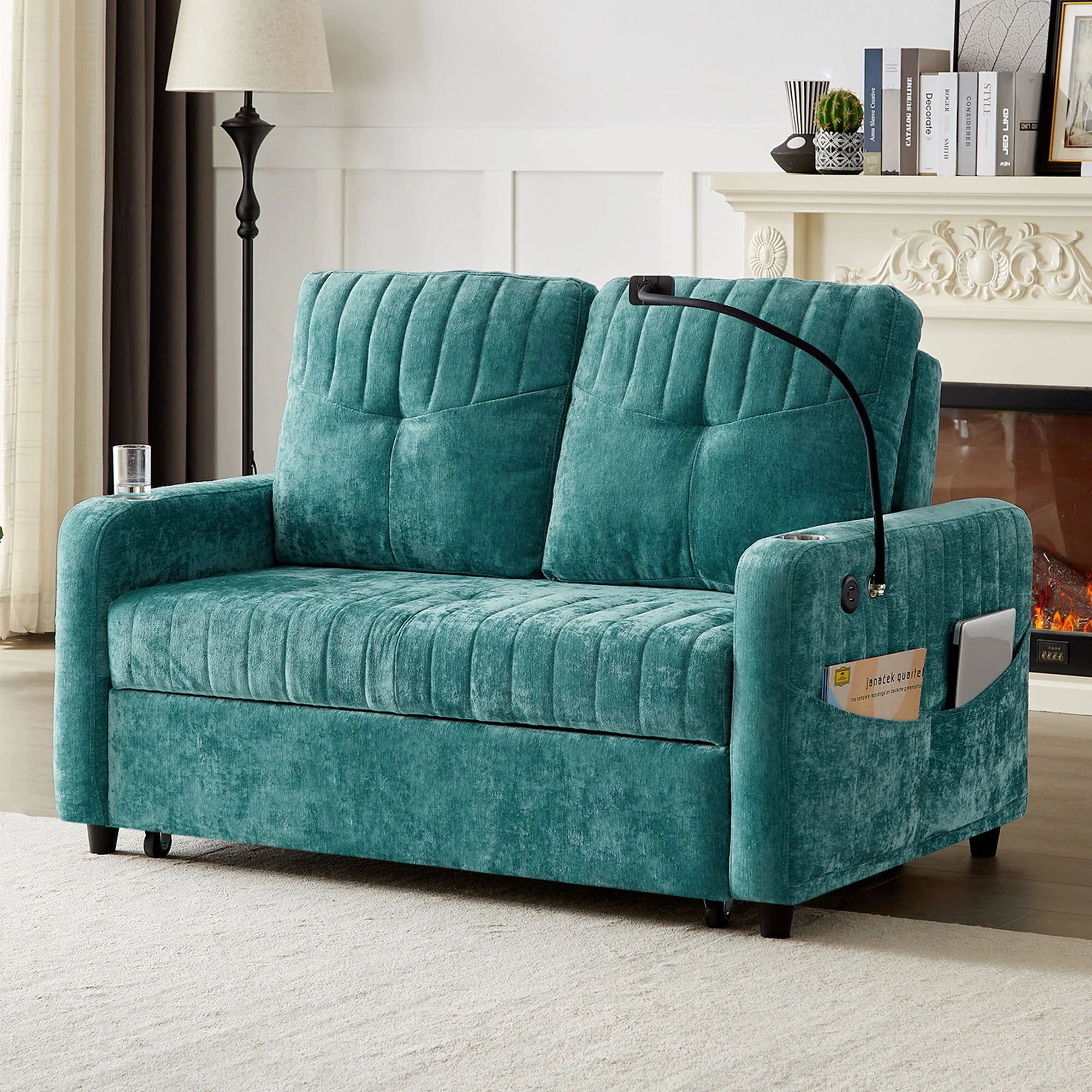 Modern Loveseat Pull Out Sofa Bed With Adjustable Backrest, Two Cup Holders, A Phone Holder, Three Charging Ports And Side Storage Pockets For Living Room - Image 13