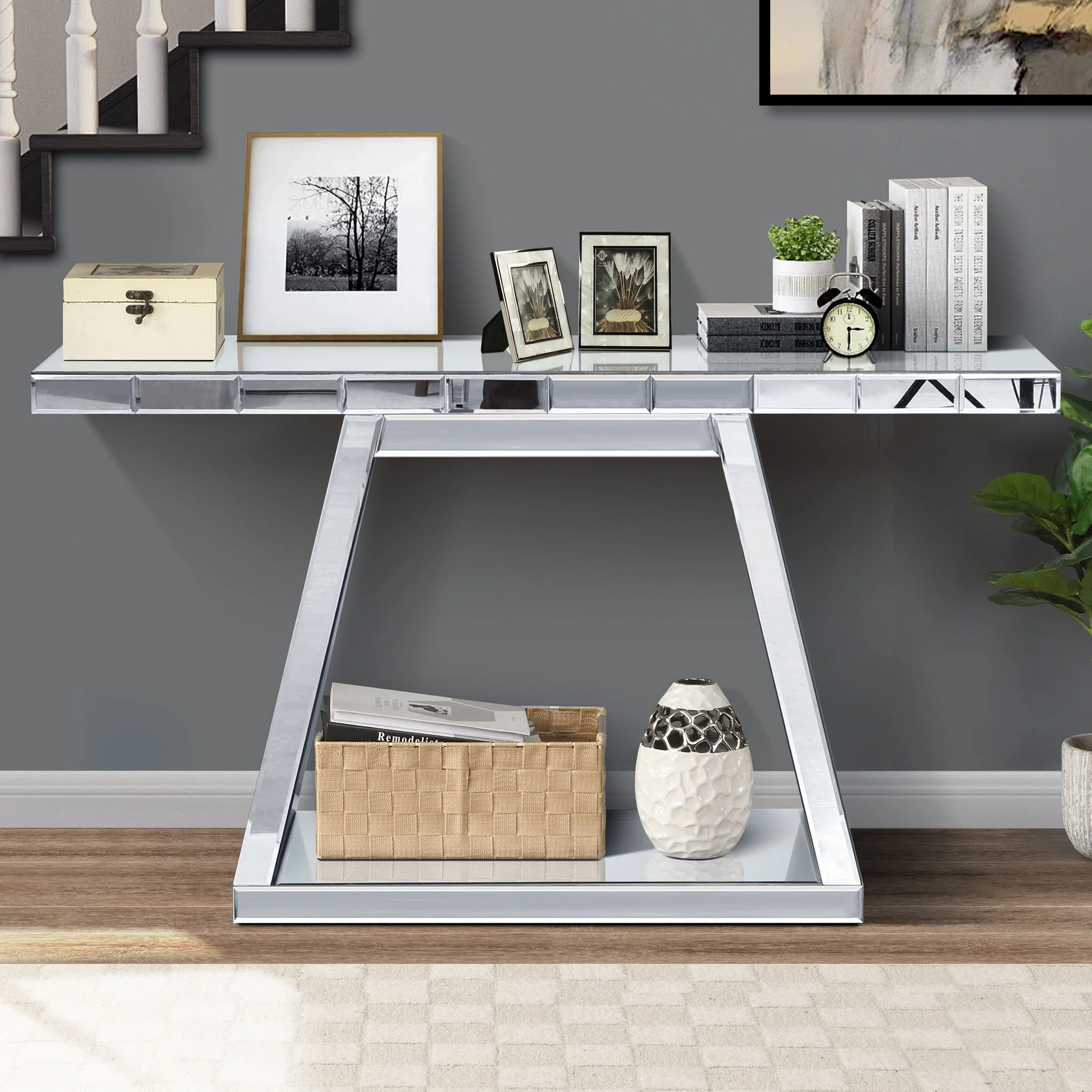 Modern Luxe Full Body Mirror Entryway Table With Trapezoid Base, 360° Reflective Console, Scratch Resistant, Open Storage - Silver - Image 6