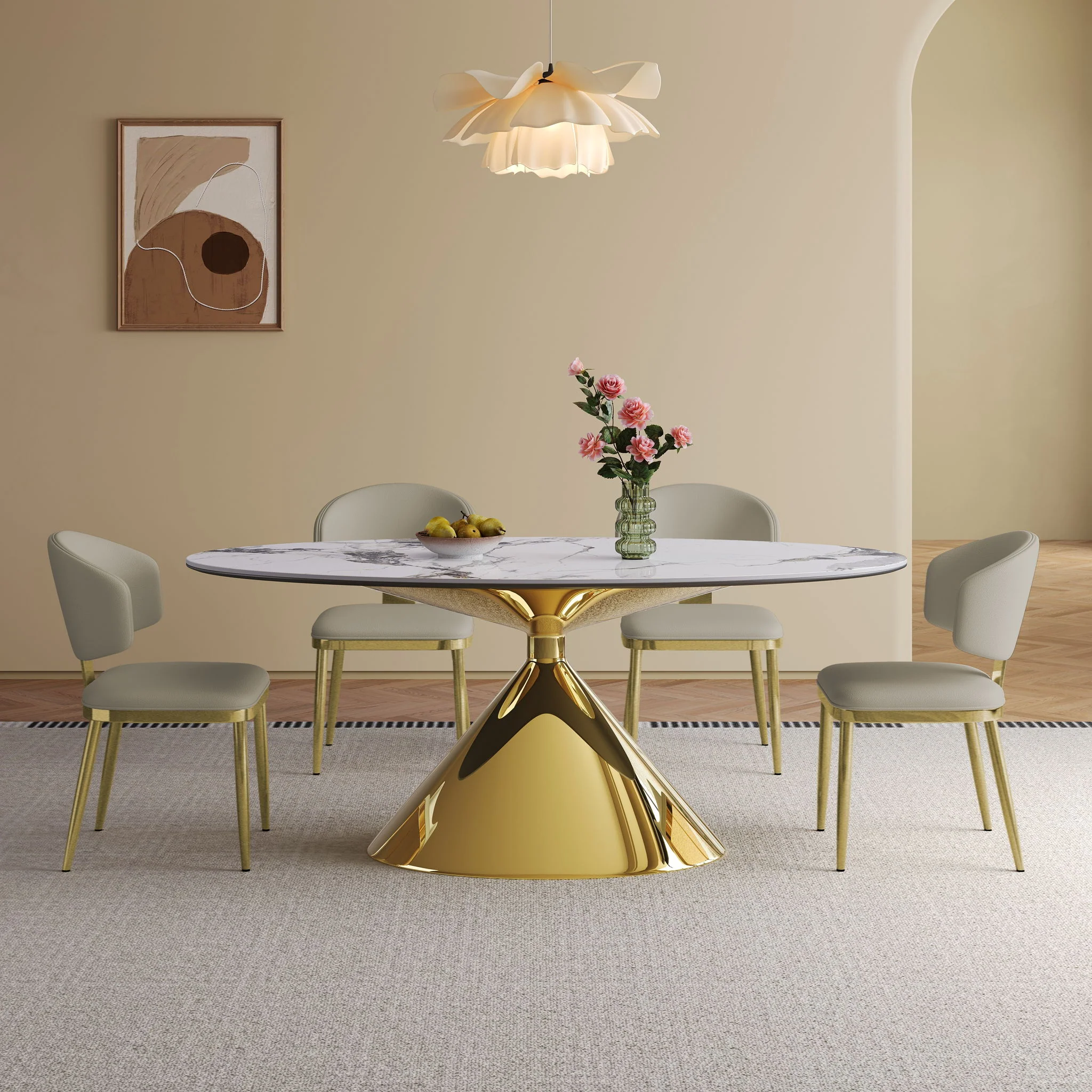 Modern Luxury Marble Dining Table Set Oval Kitchen Table With Stainless Steel Base - Gold / White Print - Image 3