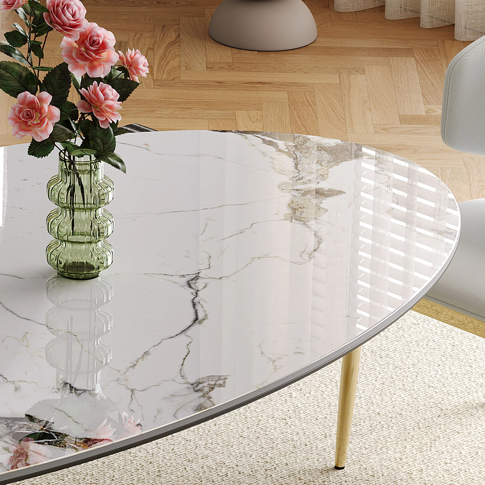 Modern Luxury Marble Dining Table Set Oval Kitchen Table With Stainless Steel Base - Gold / White Print - Image 9