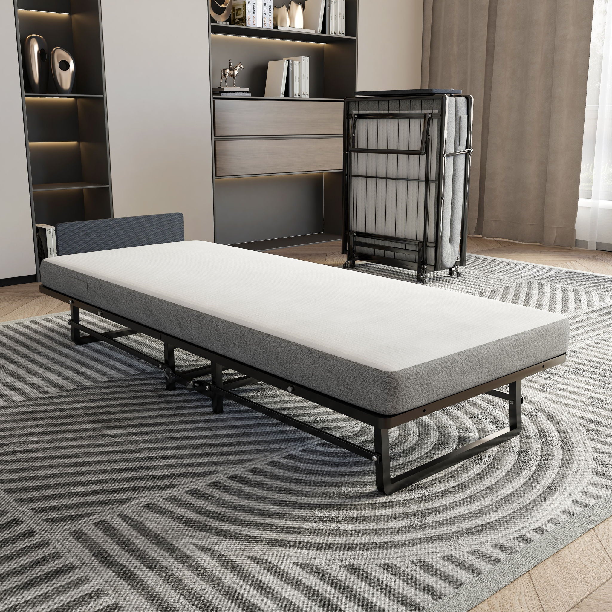 Modern Metal Folding Bed Frame With Foam Mattress, Easy Storage & Mobility - Black - Image 2