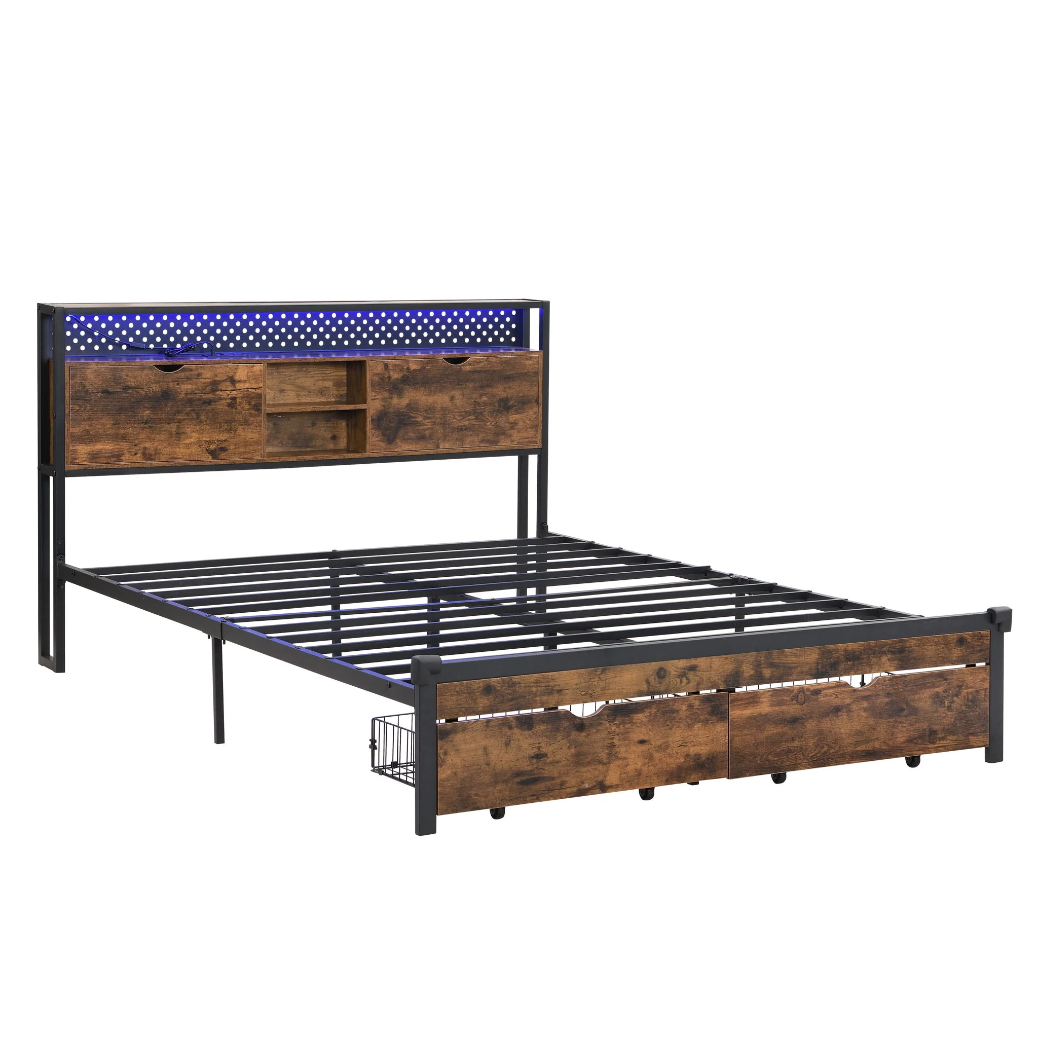 Modern Metal Platform Bed Frame With Wooden Headboard, USB Charging Station, Storage Drawers - Image 7