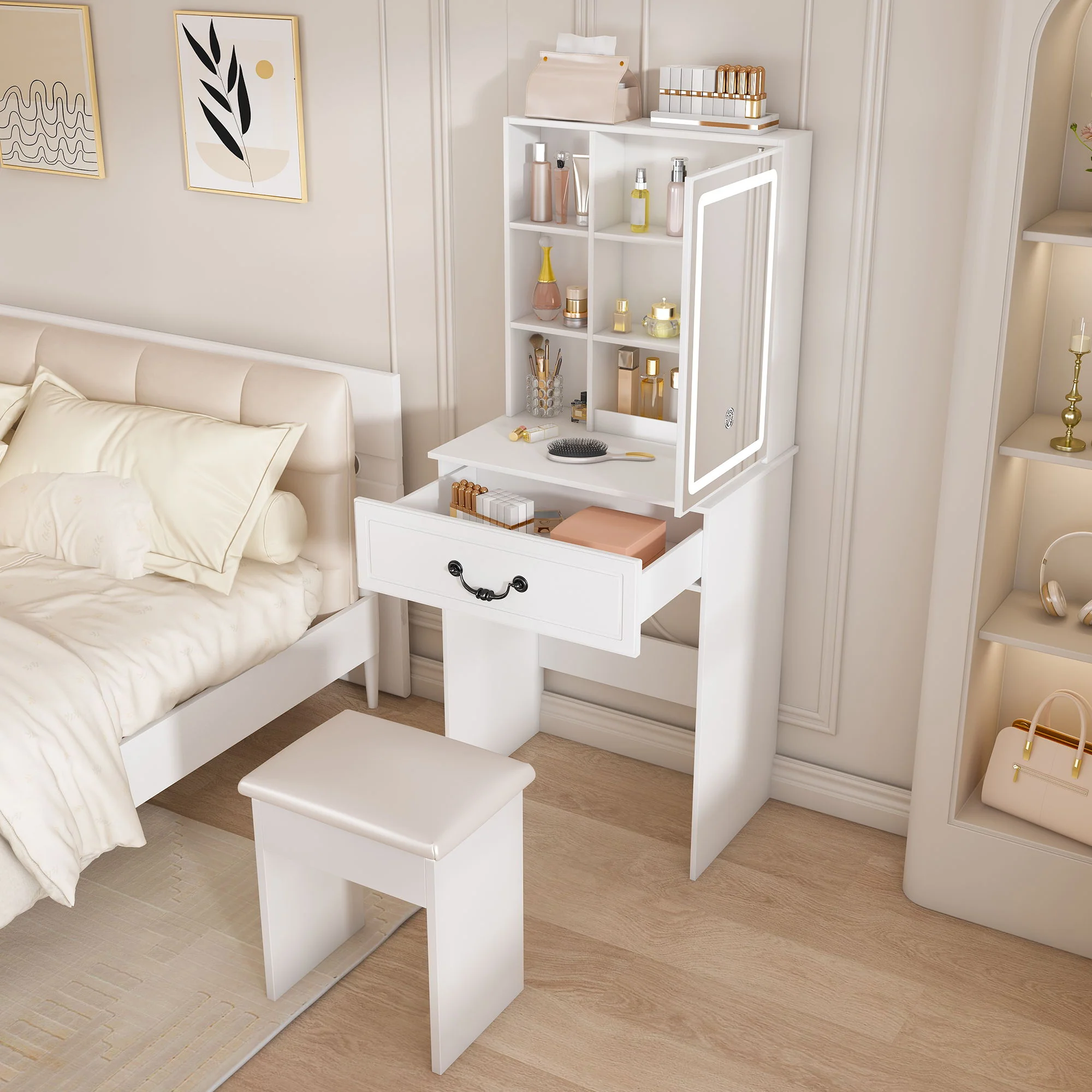 Modern Mini Dressing Table With Led-Lit Mirror & Hidden Storage, Adjustable Brightness Vanity Desk - White - Image 2