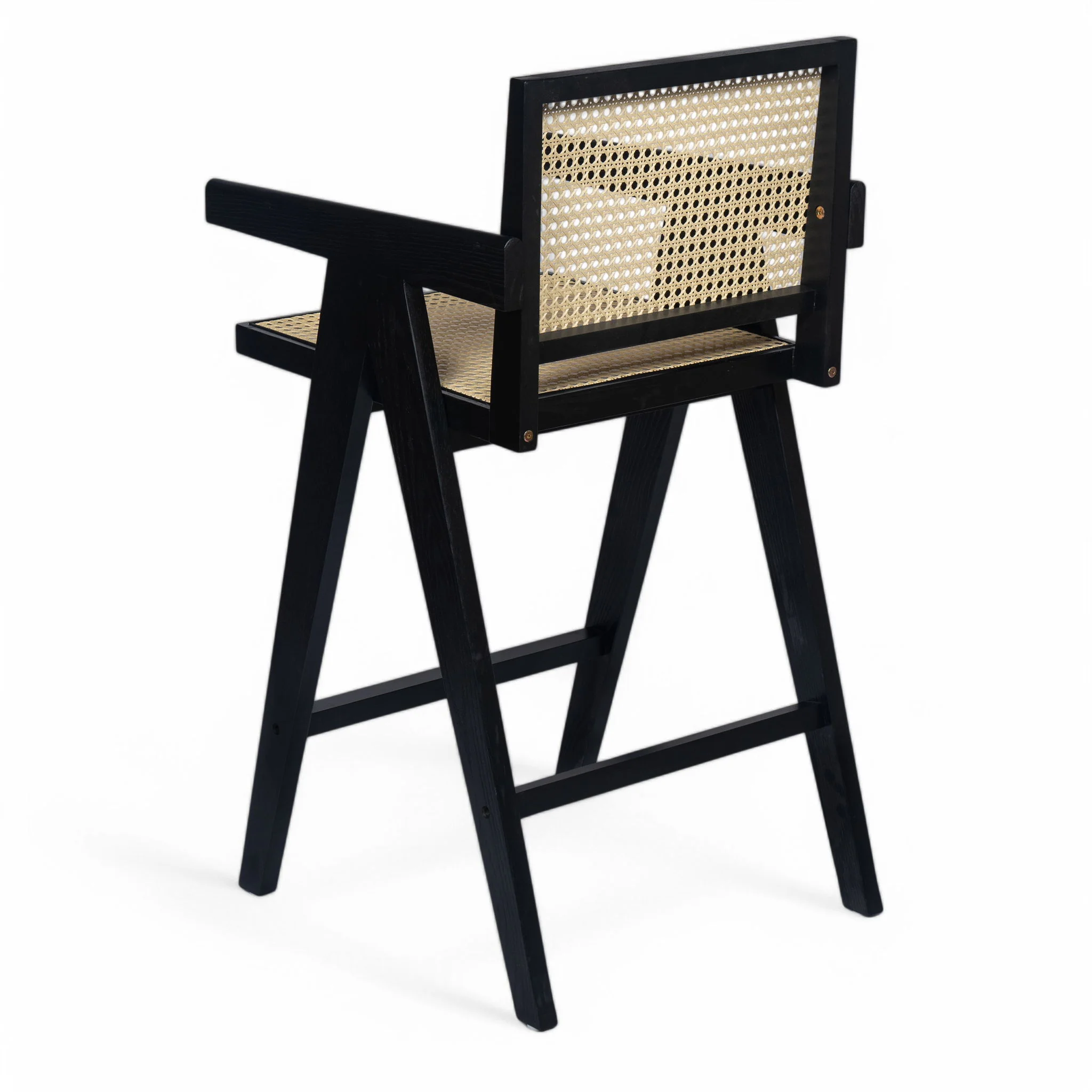 Modern Minimalist Bar Stool With Cane Seat - Black / Natural - Image 7