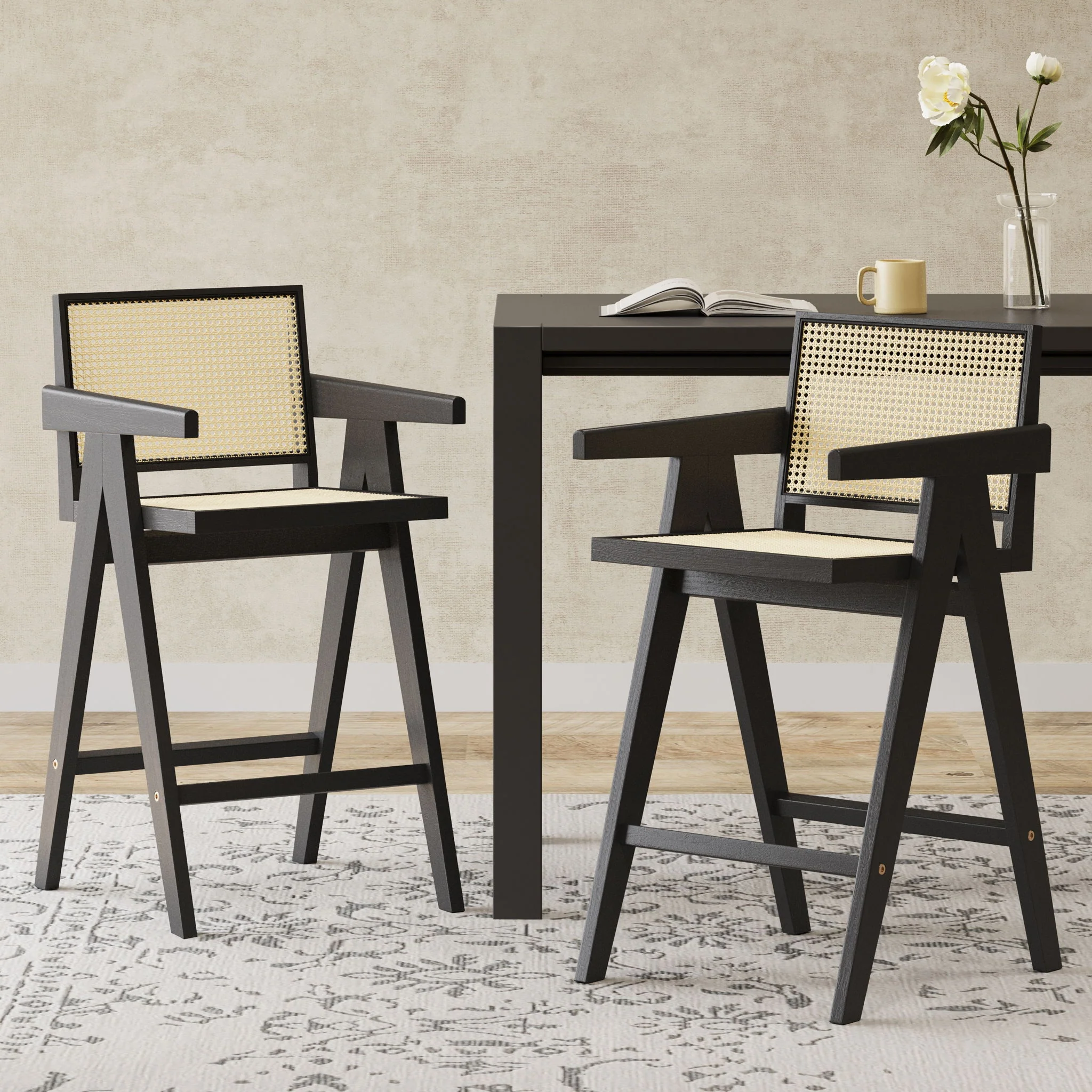Modern Minimalist Bar Stool With Cane Seat - Black / Natural - Image 9