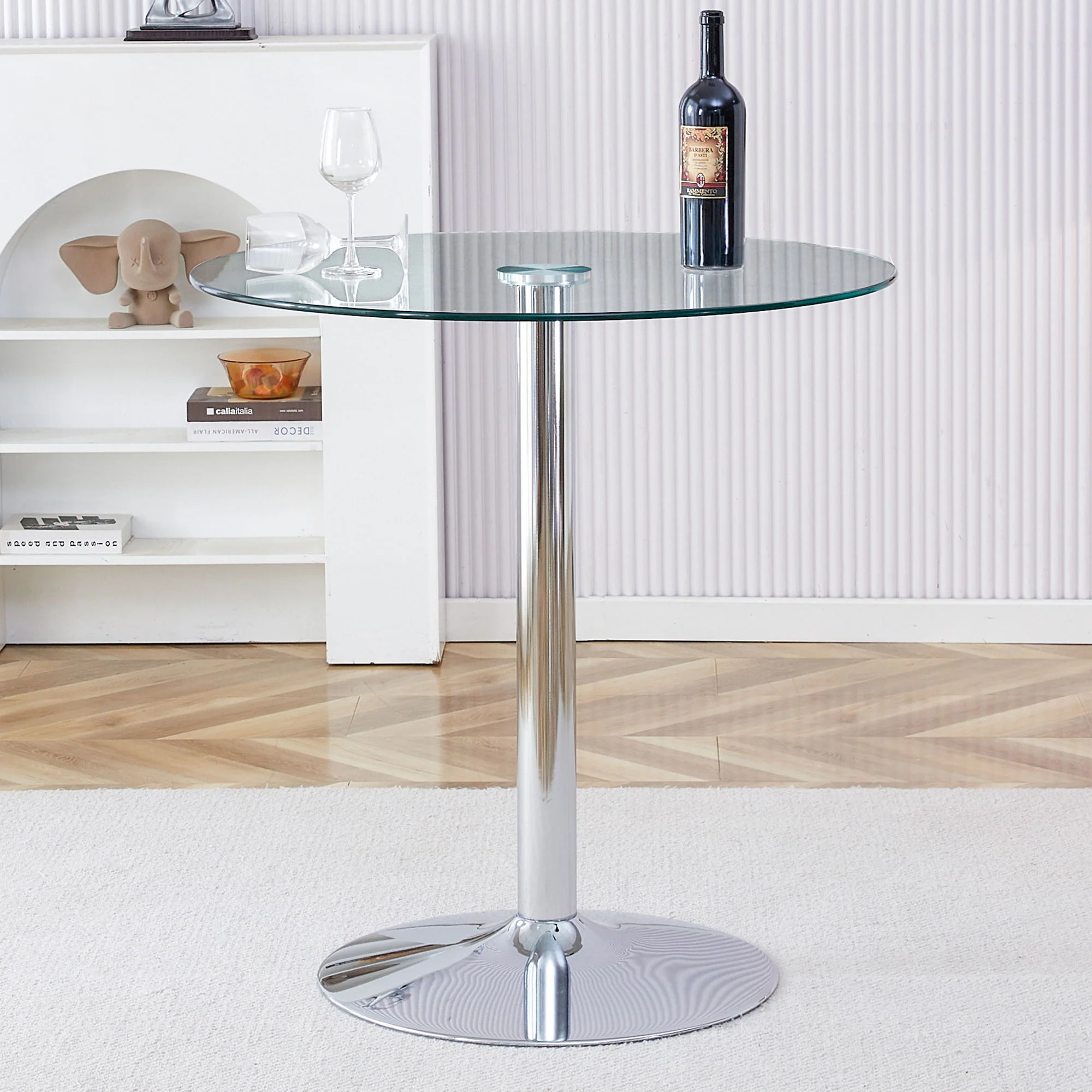 Modern Minimalist Circular Glass Dining Table With Electroplated Metal Legs 35" Diameter - Transparent - Image 7