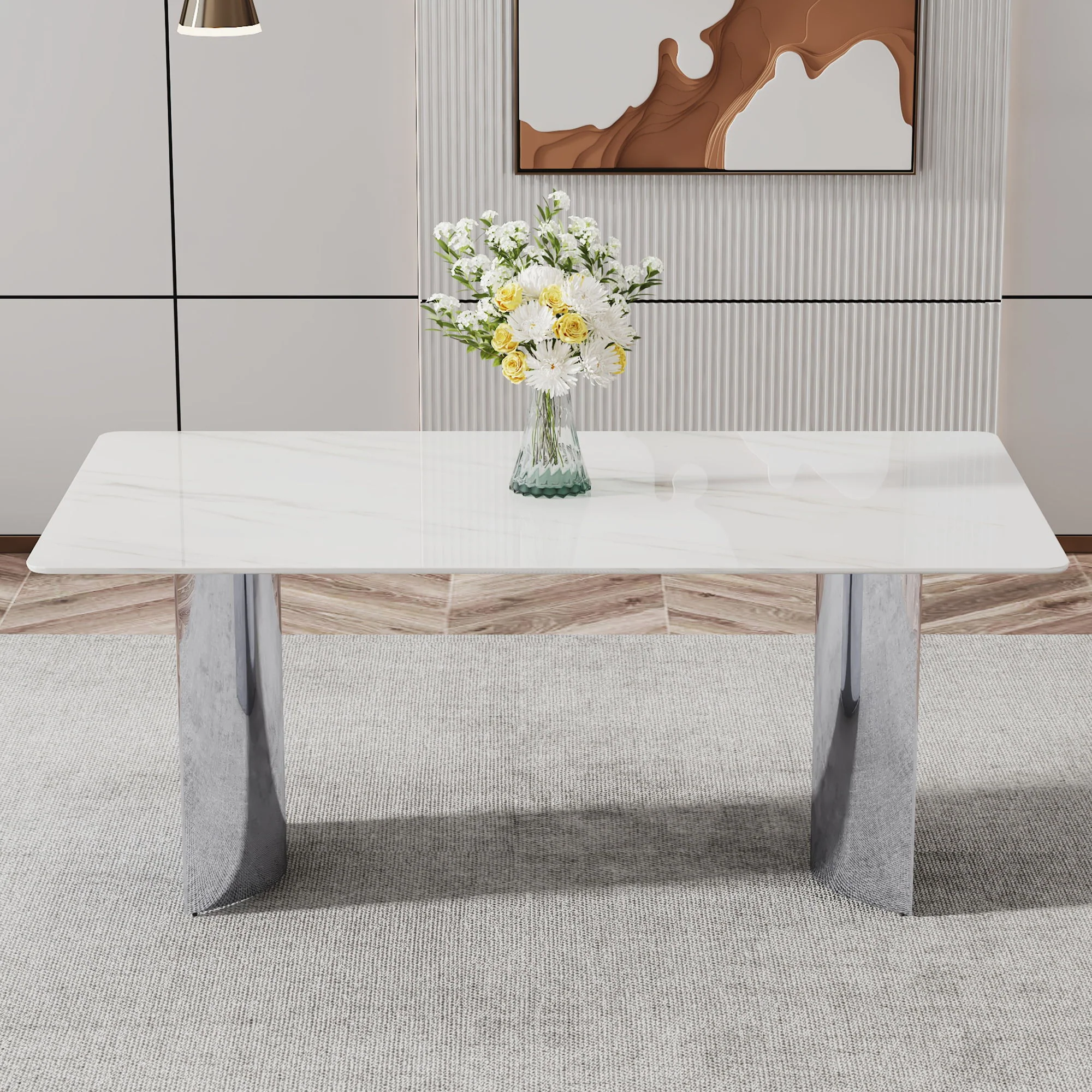Modern Minimalist Dining Table With Imitation Marble Glass Desktop And Metal Legs - Image 11