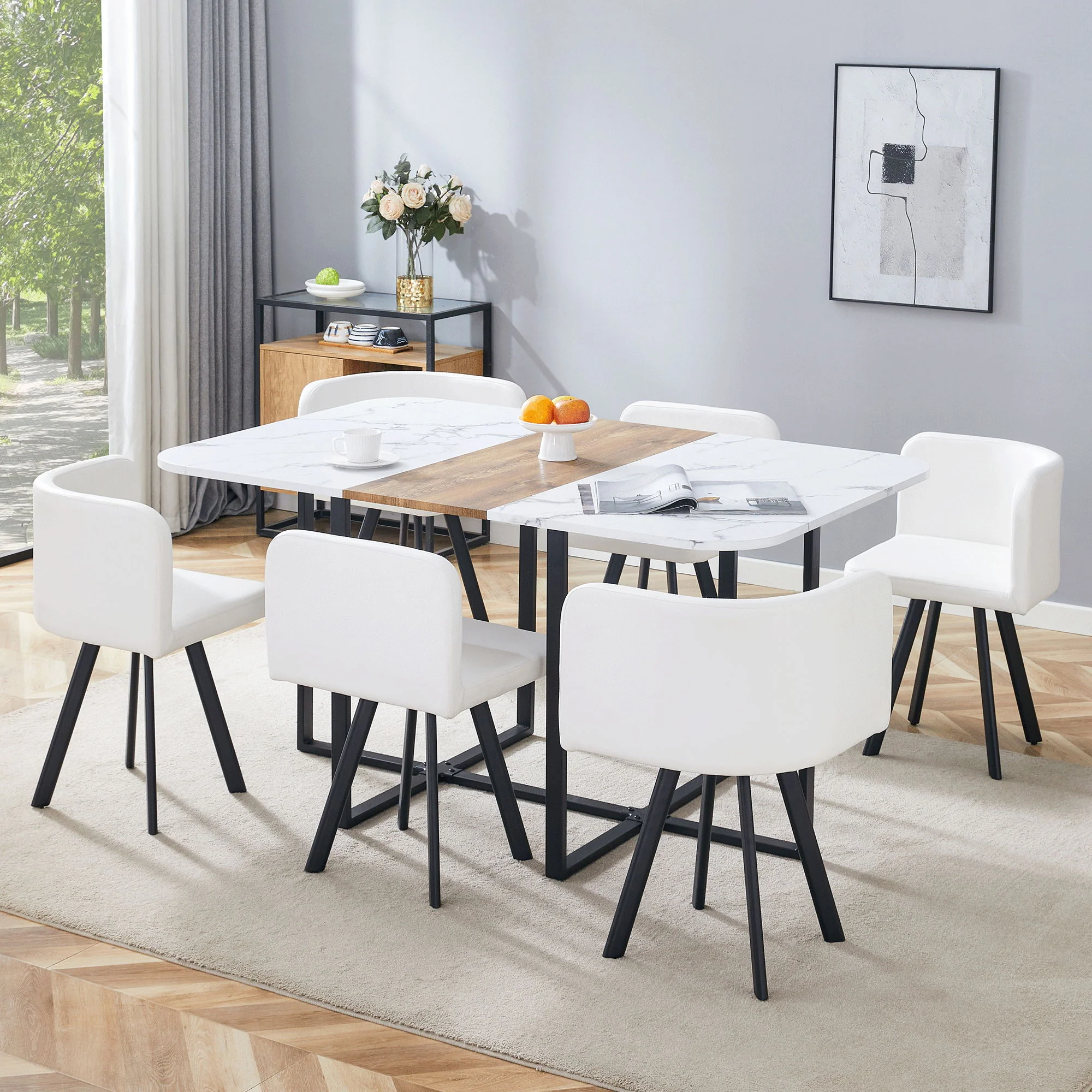 Modern Minimalist Marble Pattern Joinery Dining Table With Dining Chairs - Image 7