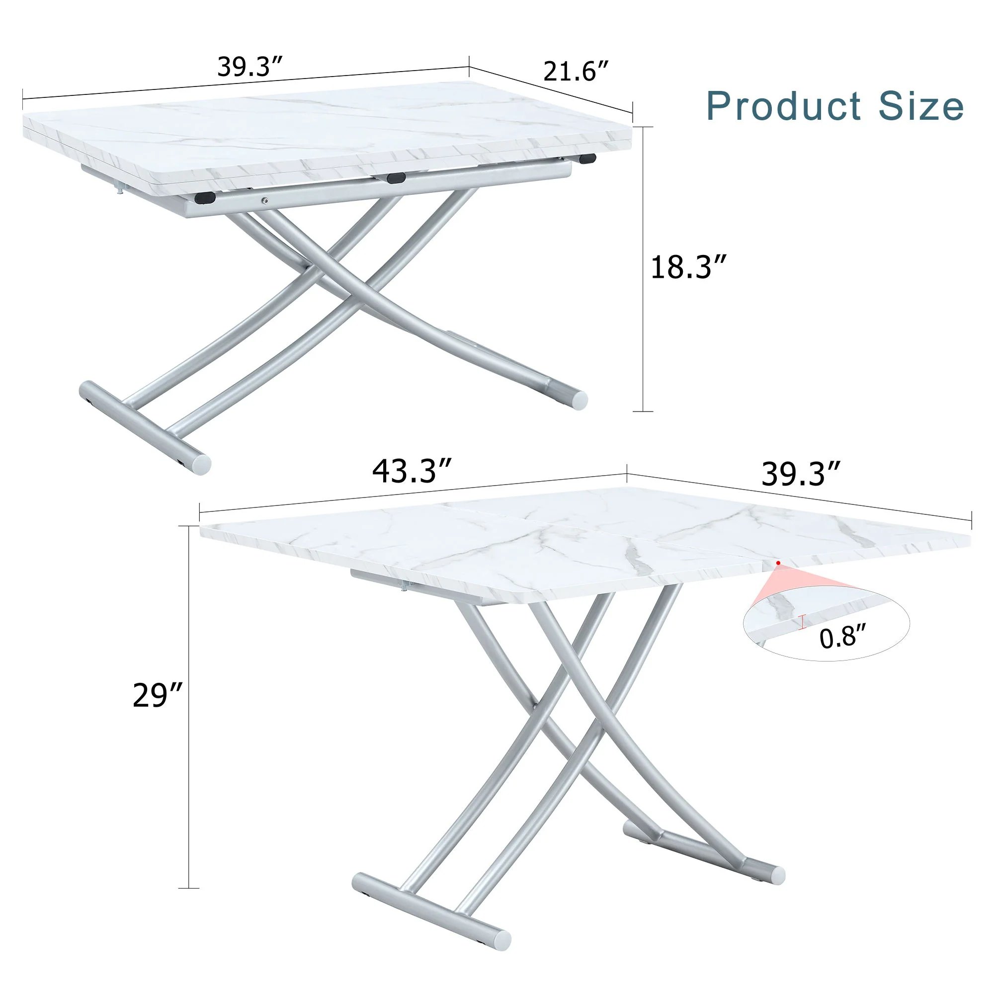 Modern Minimalist Multifunctional Lift Table With Metal Legs - White / Silver - Image 2