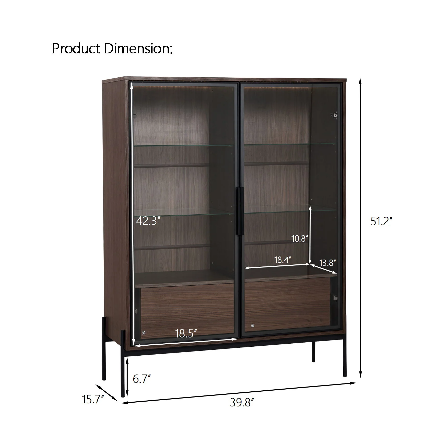Modern Minimalist Style LED Curio Cabinet With Tempered Glass Door, Metal Legs - Image 3