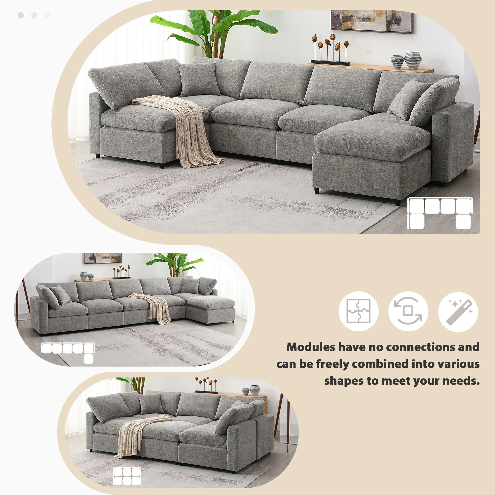 Modern Modular Cloud Sofa Bed, 6 Seat Sectional Couch Set With Ottoman, Free Combination, Convertible U Shaped Sleeper Sofa For Living Room - Image 8