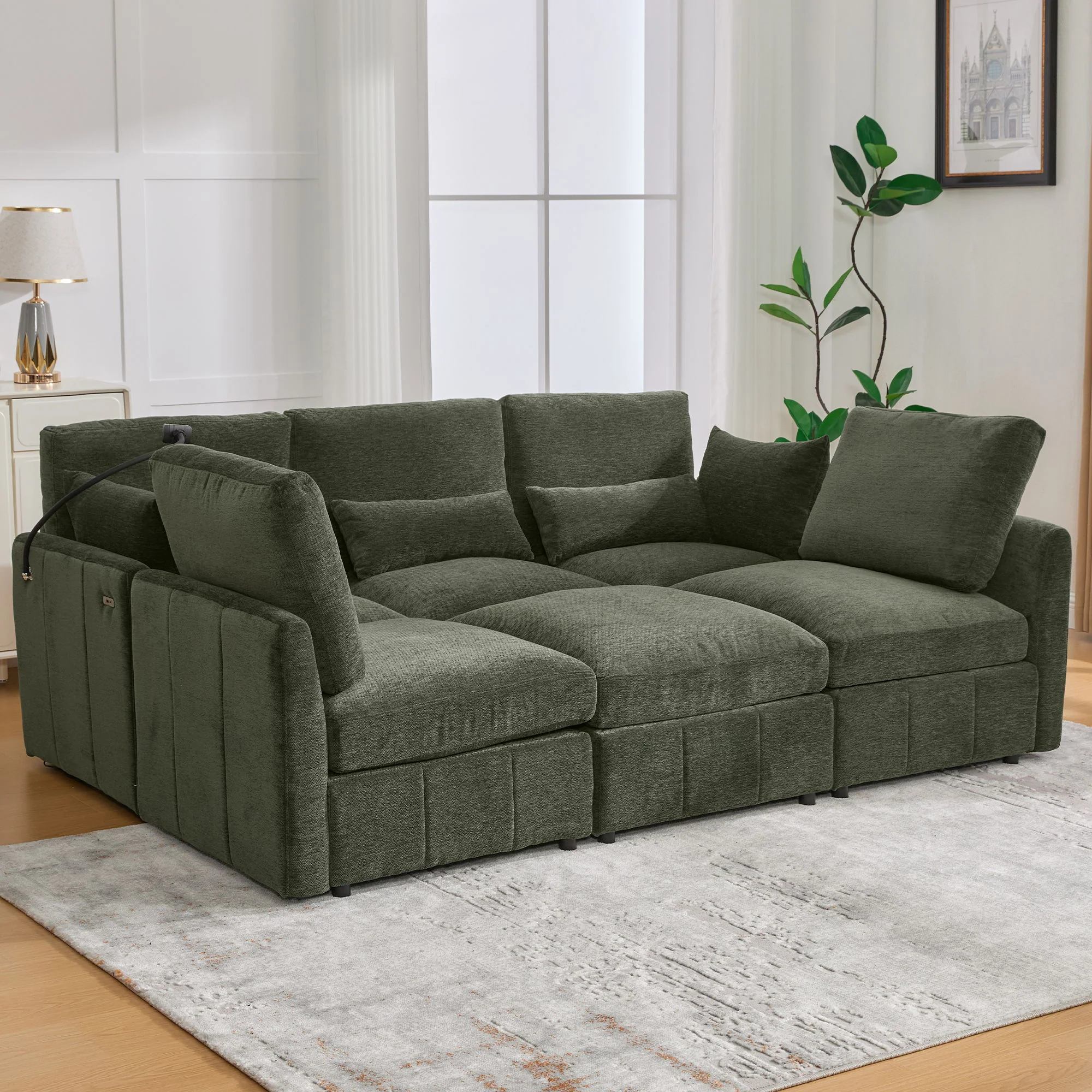 Modern Modular U-Shaped Sofa Bed With Movable Ottoman, USB Ports, Phone Holder - Image 26