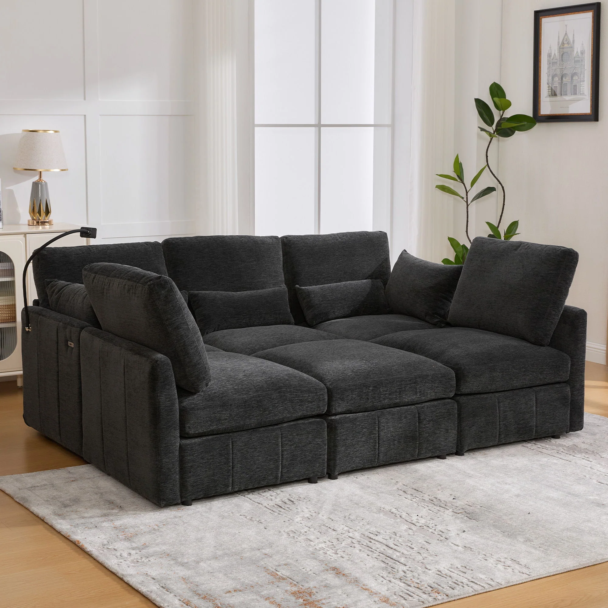 Modern Modular U-Shaped Sofa Bed With Movable Ottoman, USB Ports, Phone Holder - Image 33