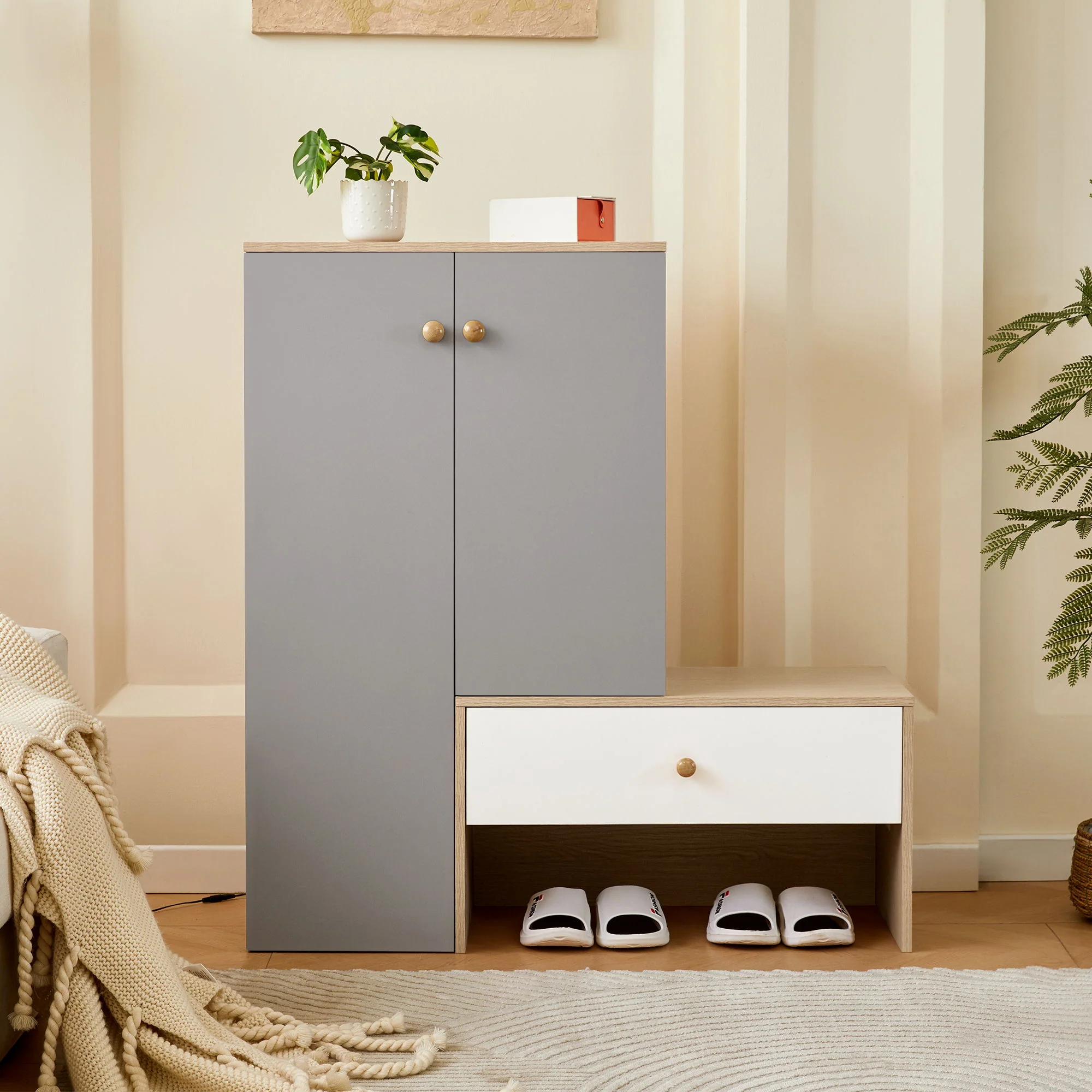 Modern Multi Functional Shoe Storage Bench & Cabinets With Adjustable Shelves - Gray / Natural Wood / White - Image 4