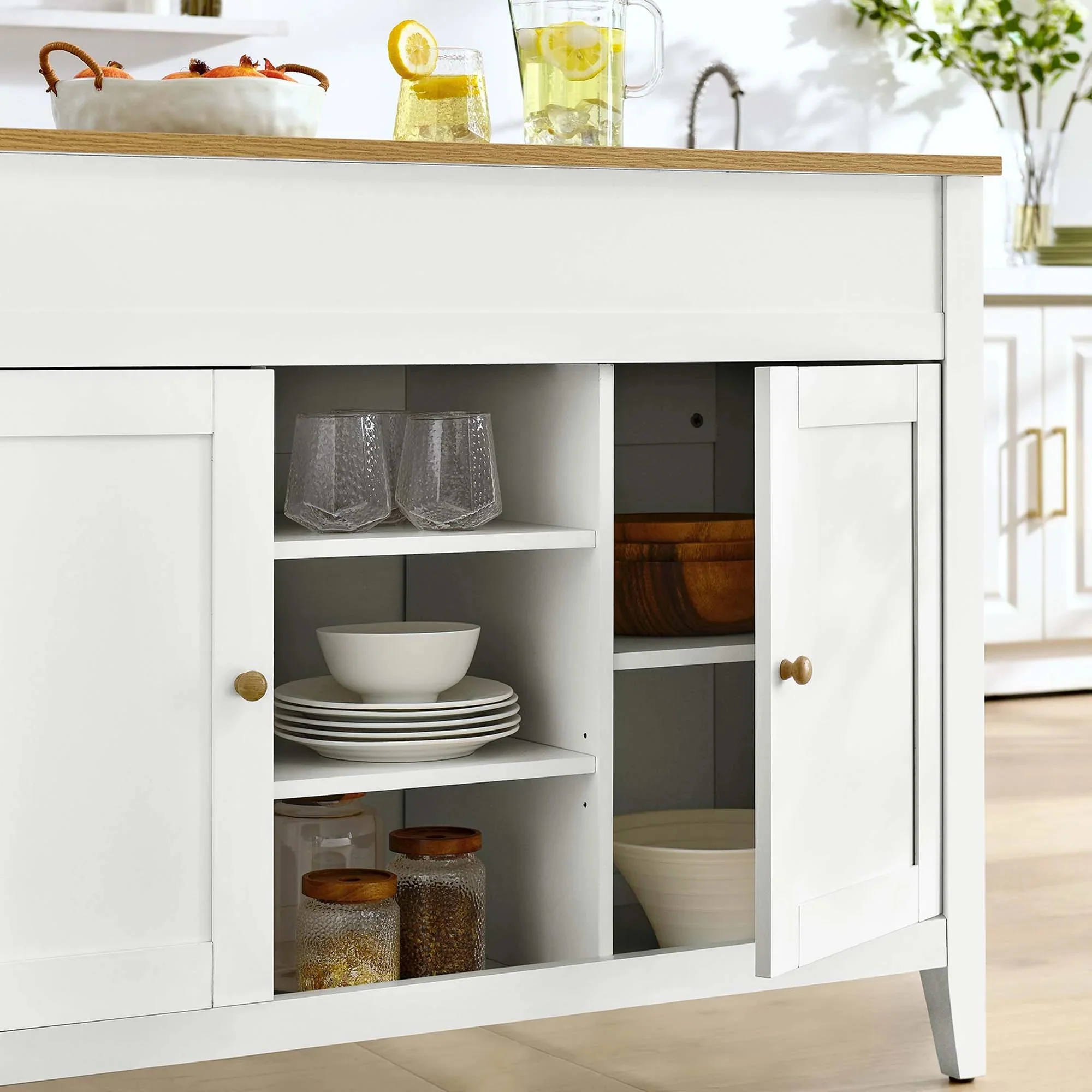 Modern Oak White Kitchen Island with Pull-Out Butcher Block Table - Image 5