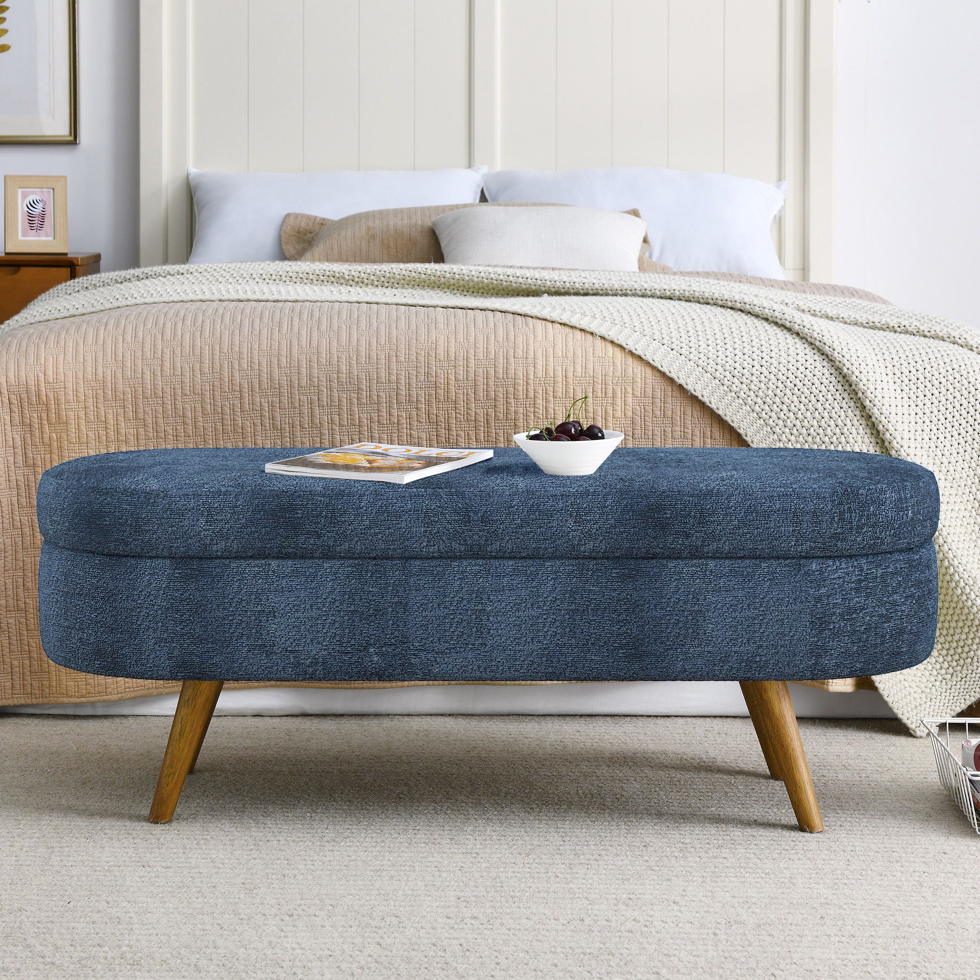 Modern Ottoman Oval Storage Bench With Rubber Wood Legs - Image 6