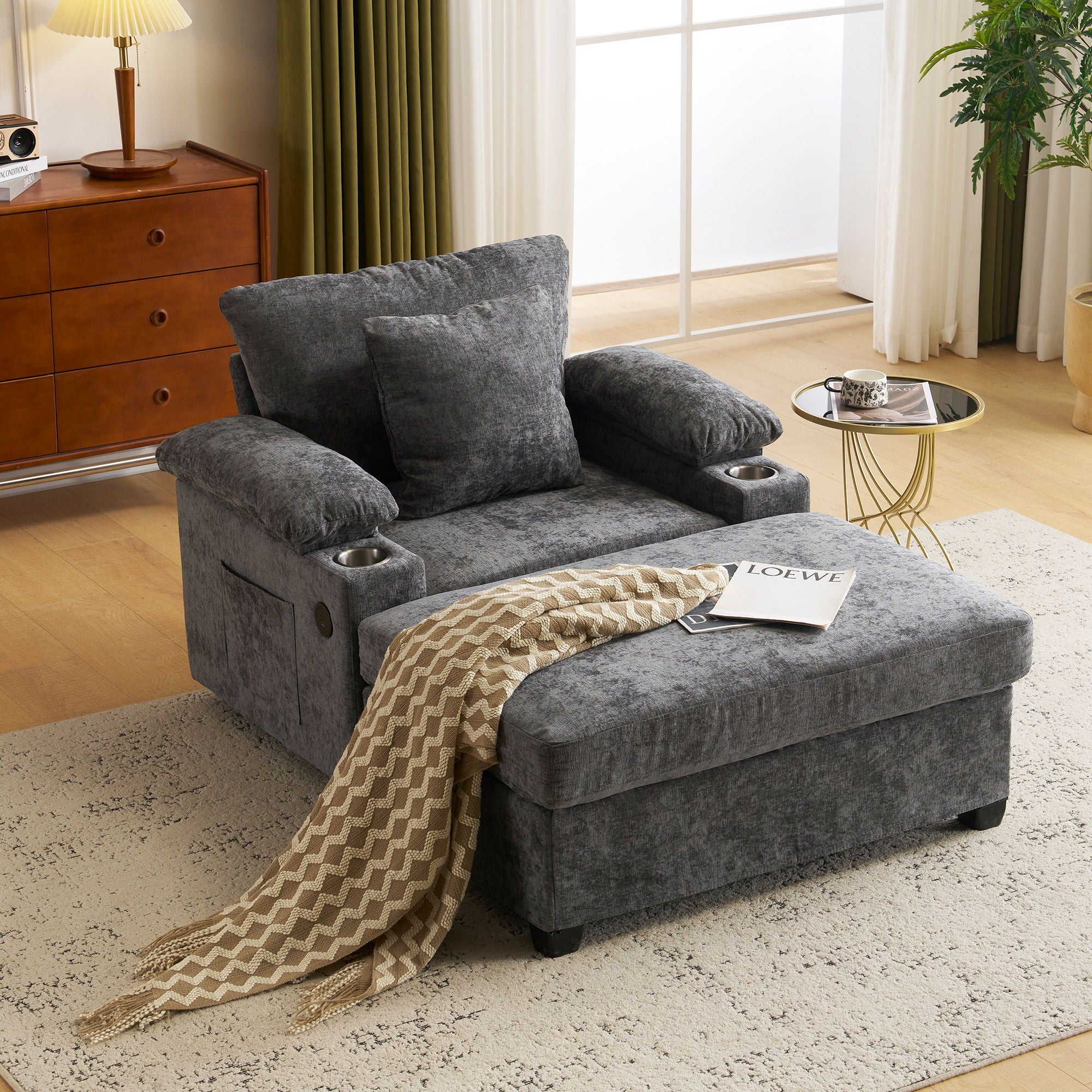 Modern Oversized Chair With Ottoman, Cupholders And USB Charging Ports - Image 21