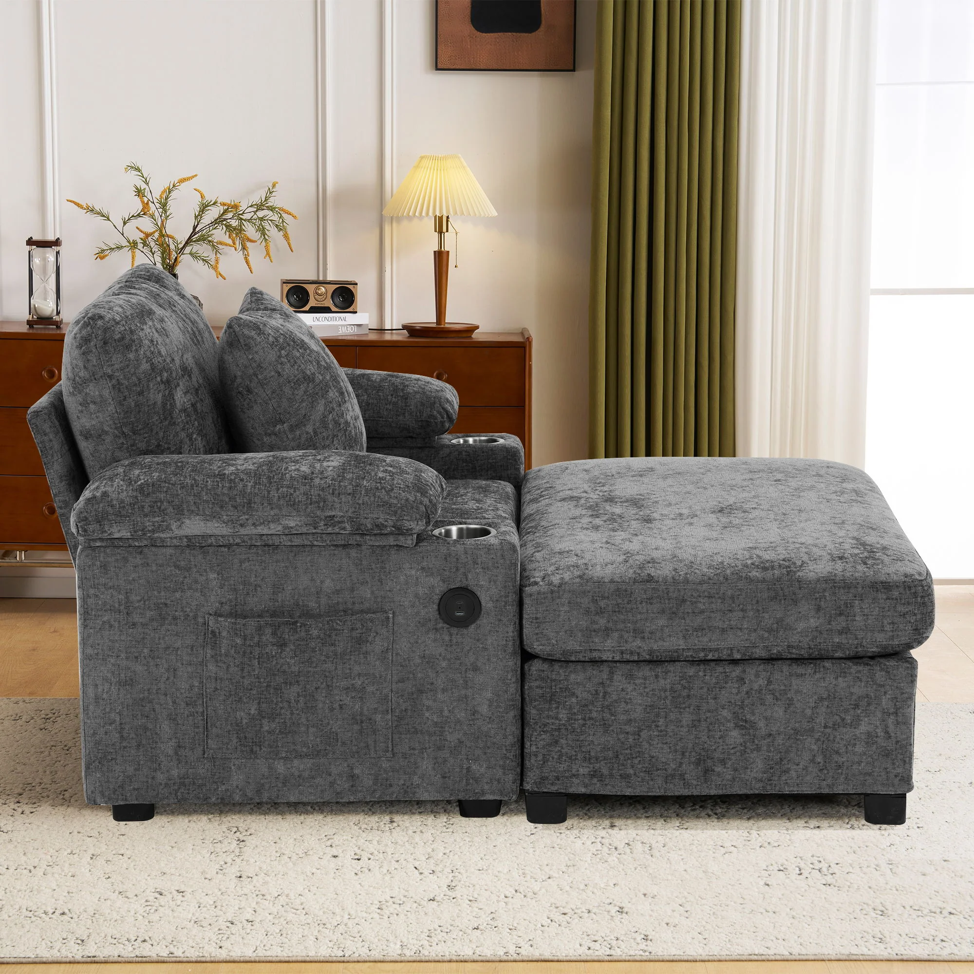 Modern Oversized Chair With Ottoman, Cupholders And USB Charging Ports - Image 6