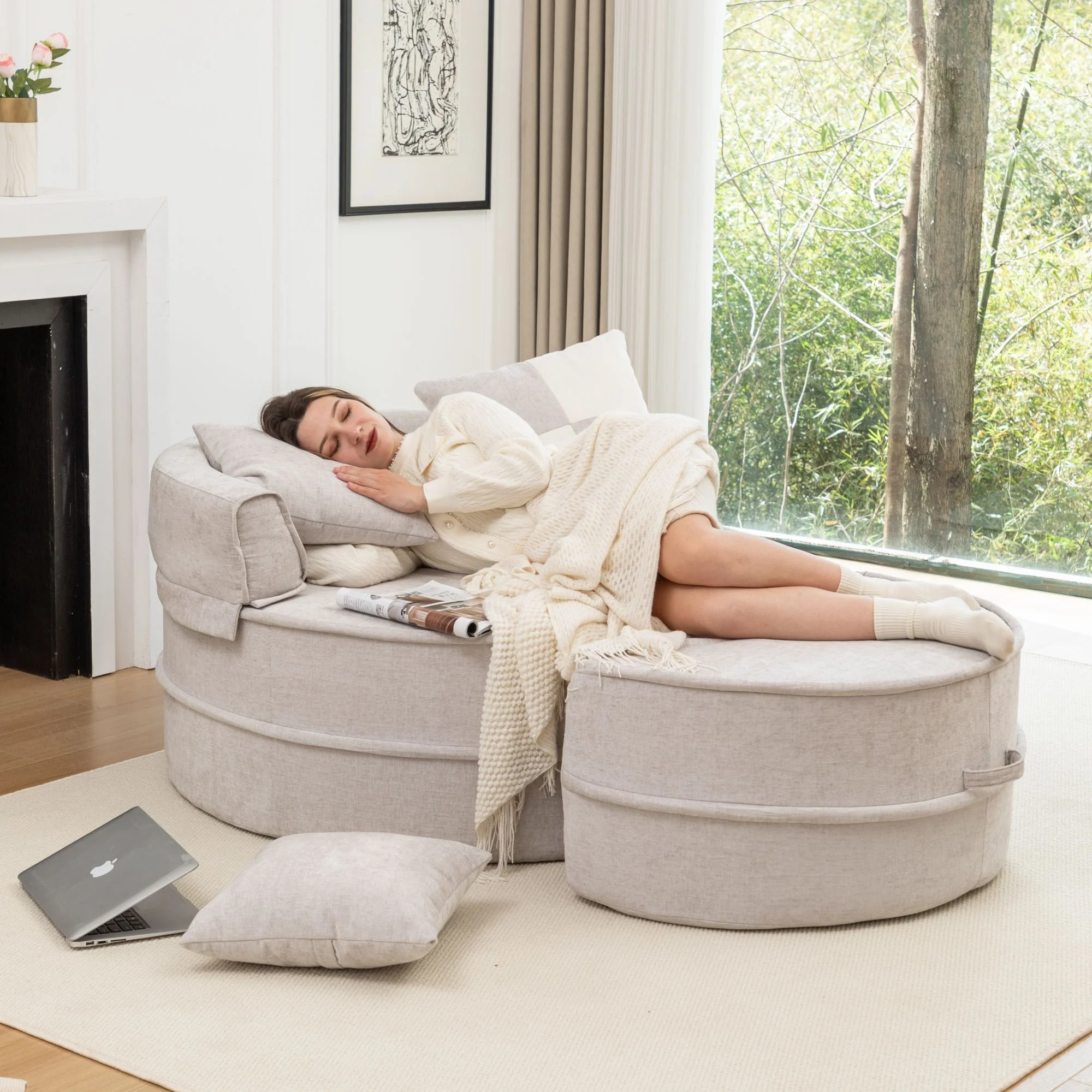 Modern Oversized Round Barrel Accent Chair With Ottoman - Image 7