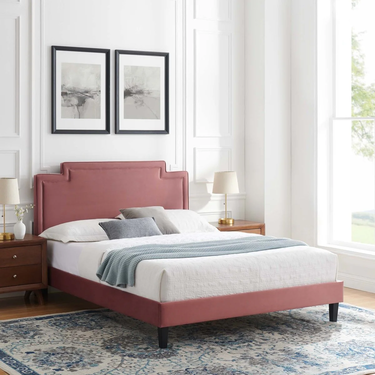Modern Performance Velvet Platform Bed with French Piping - Image 12