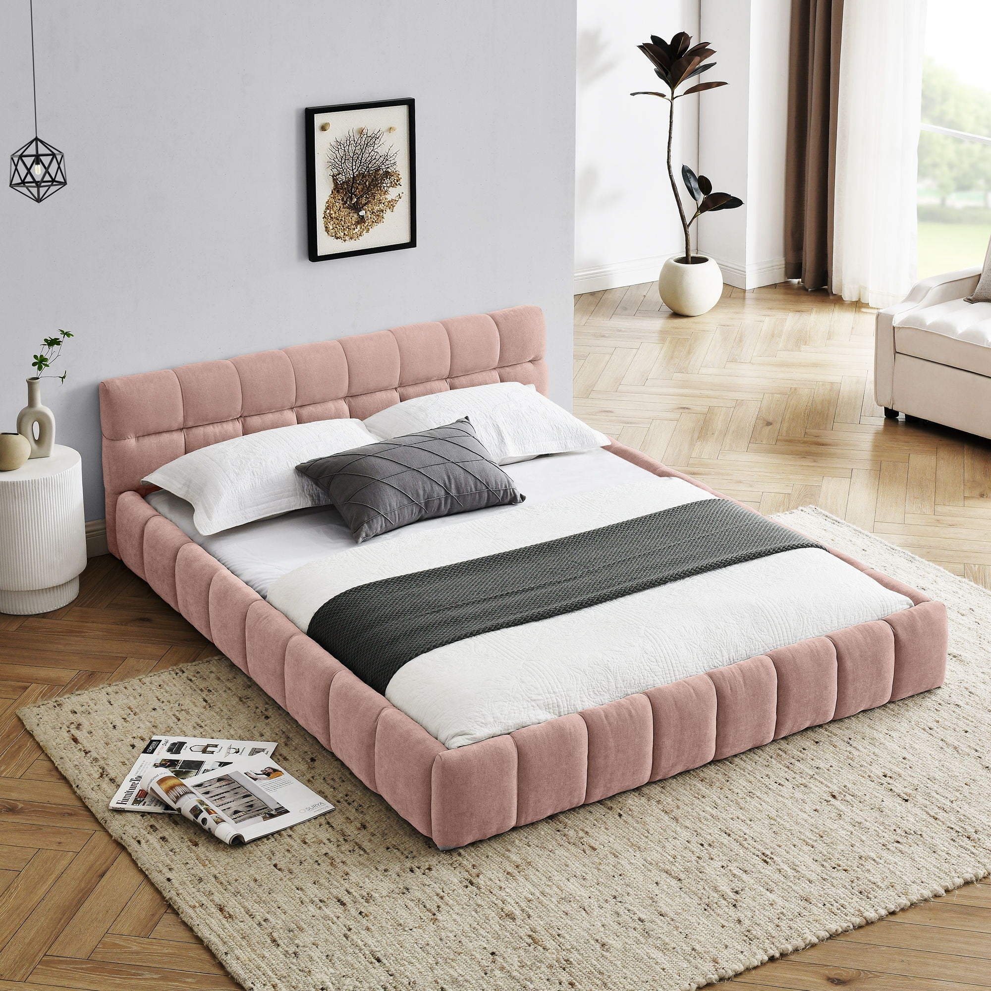 Modern Platform Bed Frame With Thick Fabric - Image 16
