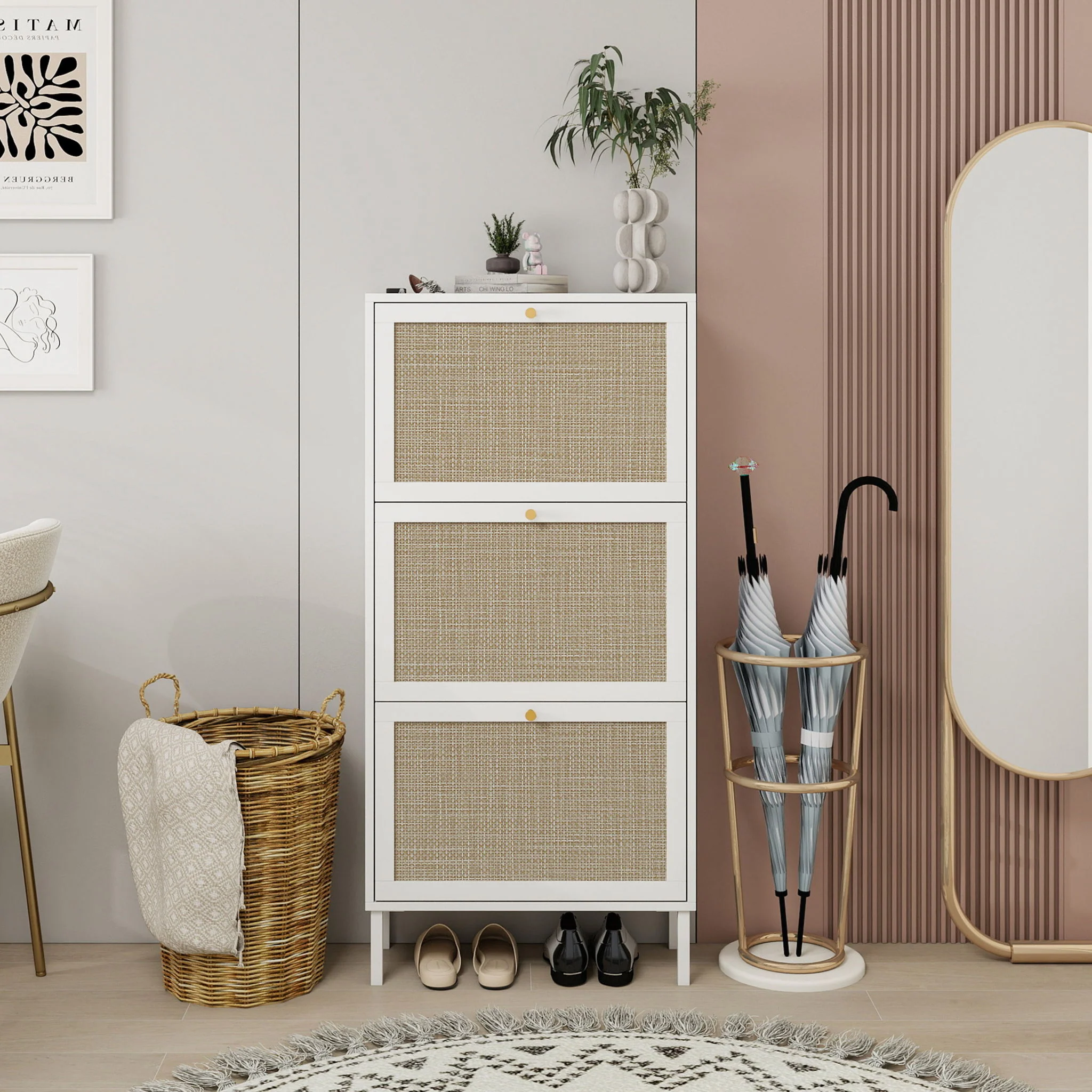 Modern Rattan 3 Door Shoe Rack Cabinet For Entryway - Image 31