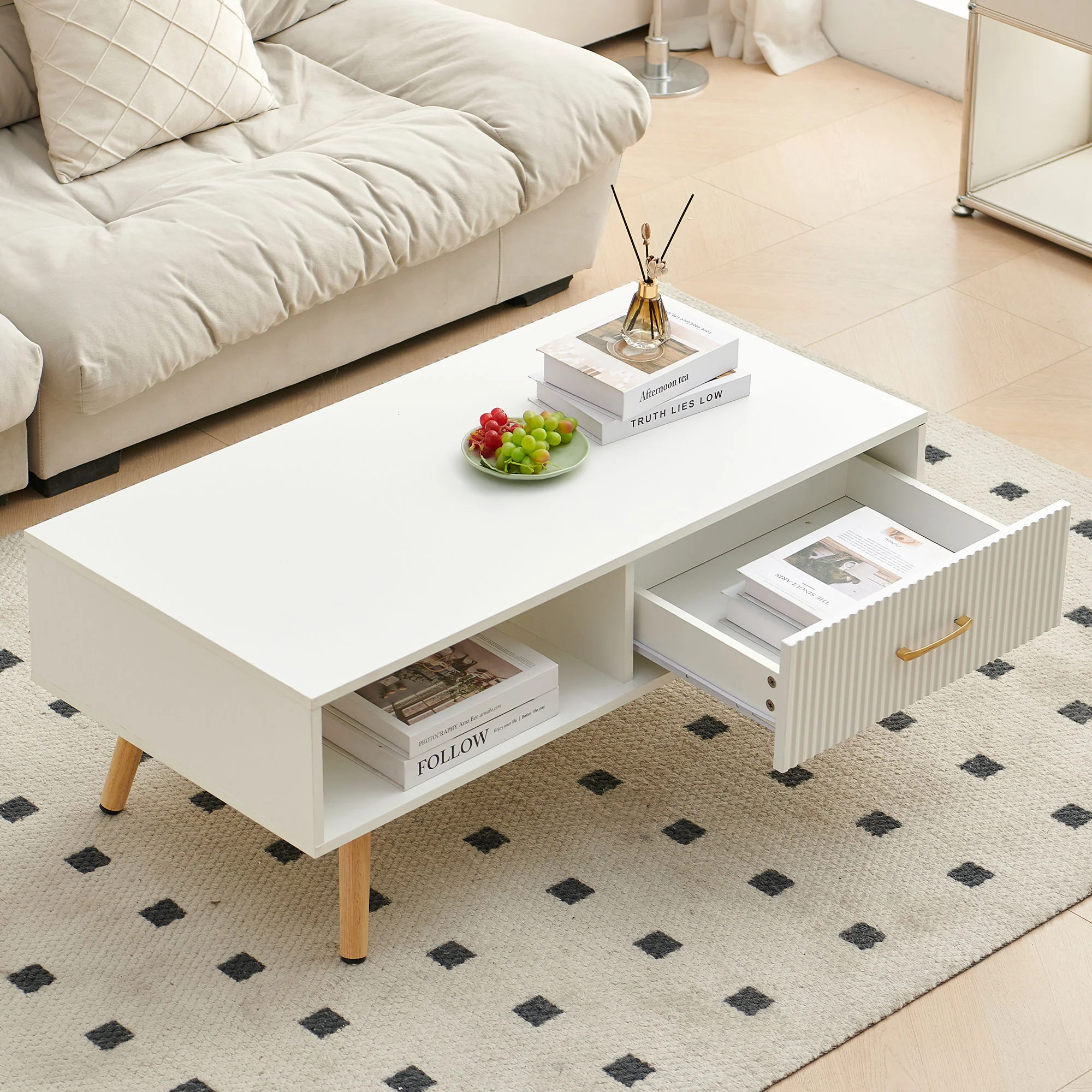 Modern Rectangle Coffee Table With Legs, Sliding Drawer For Storage - White - Image 6