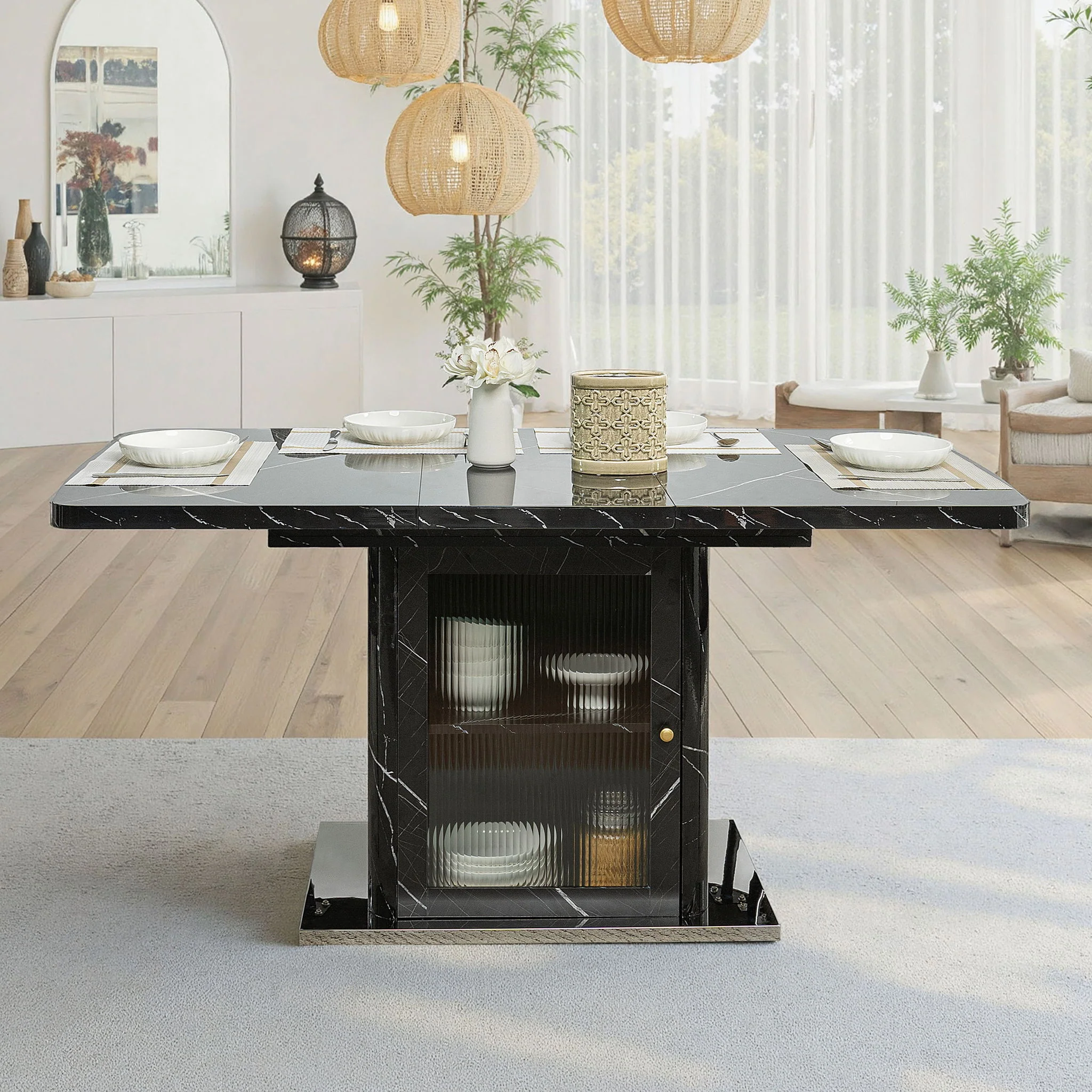 Modern Rectangle Dining Table With Stretchable Top, Storage Cabinet - Image 11