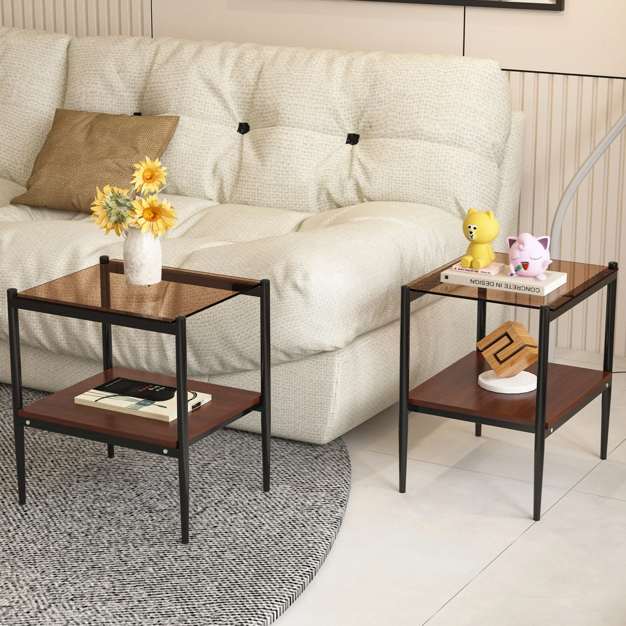 Modern Rectangle End Table (Set of 2) With Tempered Glass Tabletop And Layer - Brown - Image 5