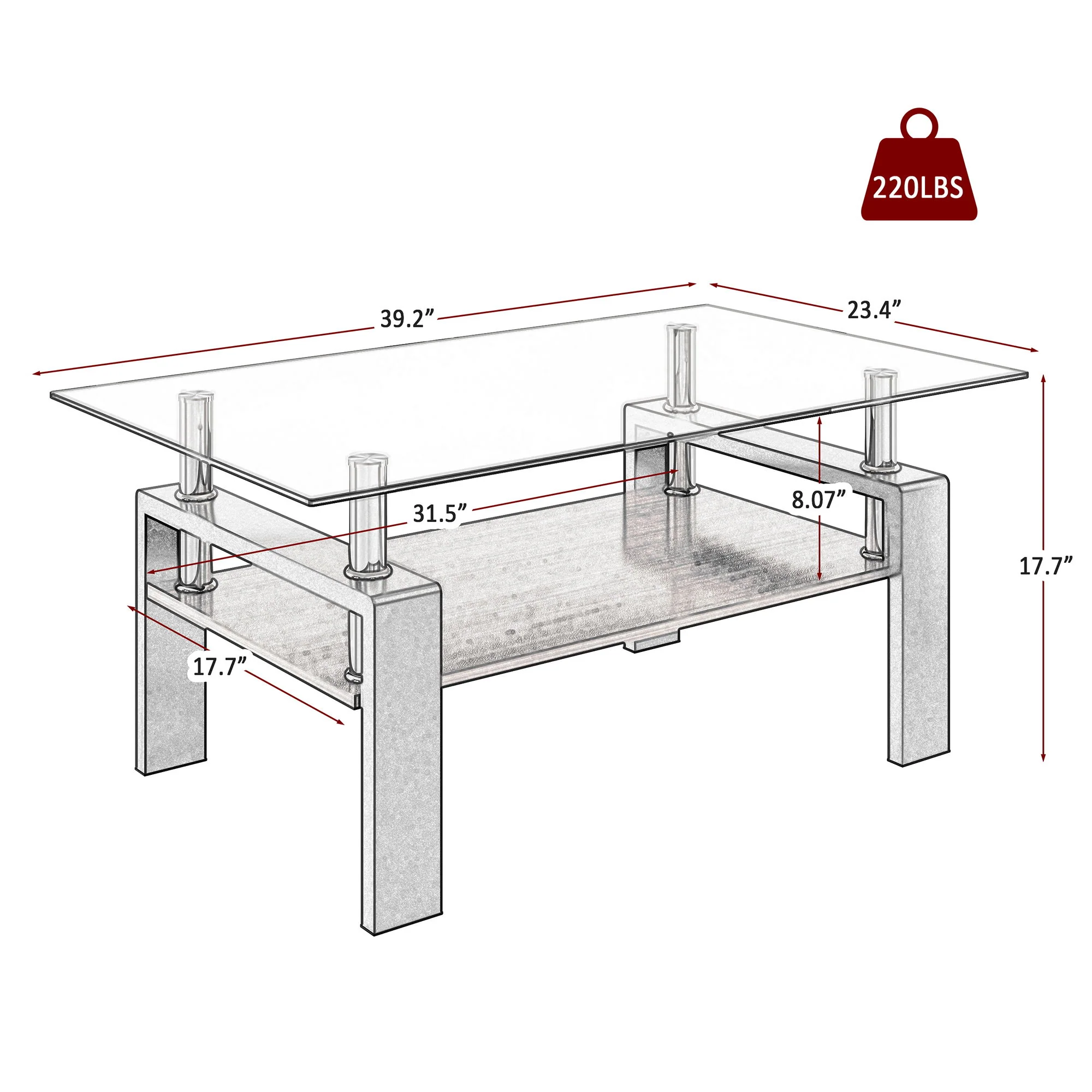 Modern Rectangular Coffee Table With Tempered Glass Top - Image 7