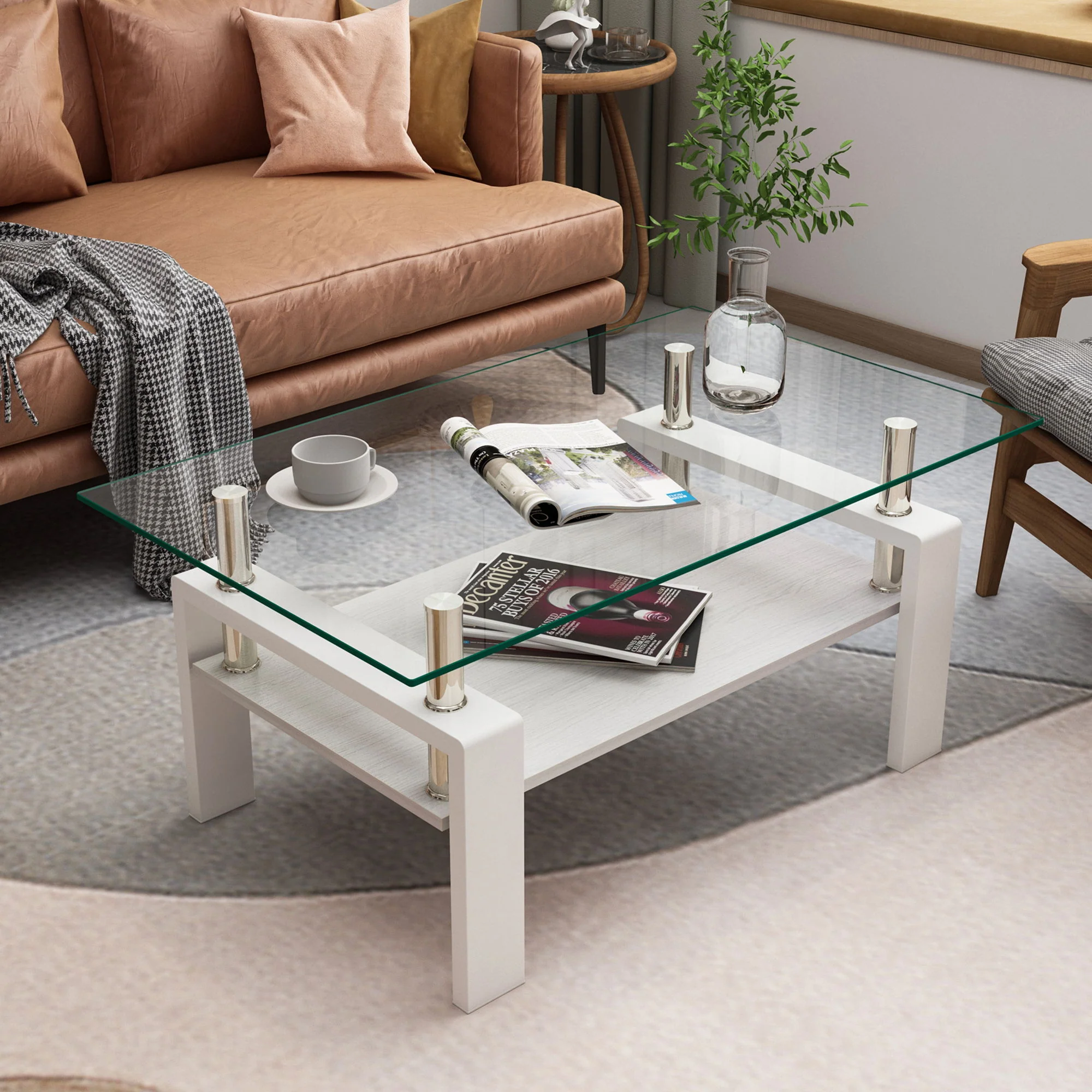 Modern Rectangular Coffee Table With Tempered Transparent Glass Top And Storage Shelf - Image 14