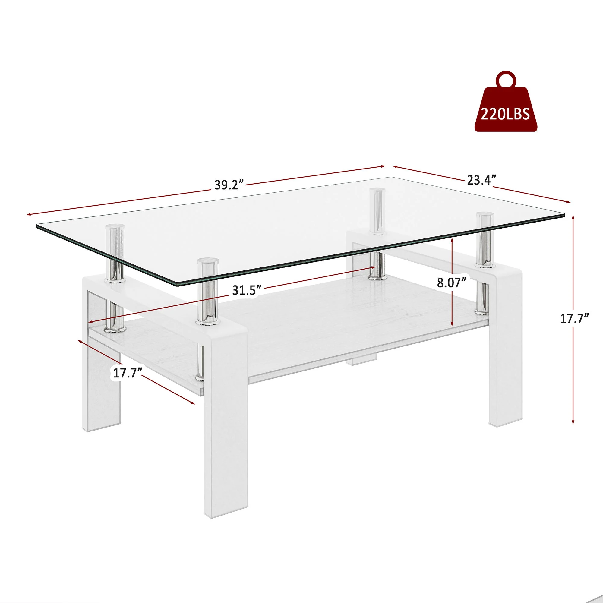 Modern Rectangular Coffee Table With Tempered Transparent Glass Top And Storage Shelf - Image 17