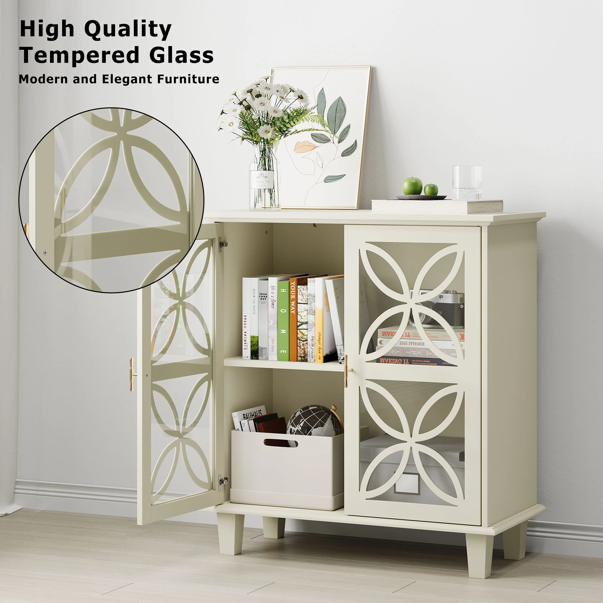 Modern Retro Sideboard Buffet Storage Cabinet With Adjustable Shelves And Tempered Glass Doors - Cream Color - Image 8