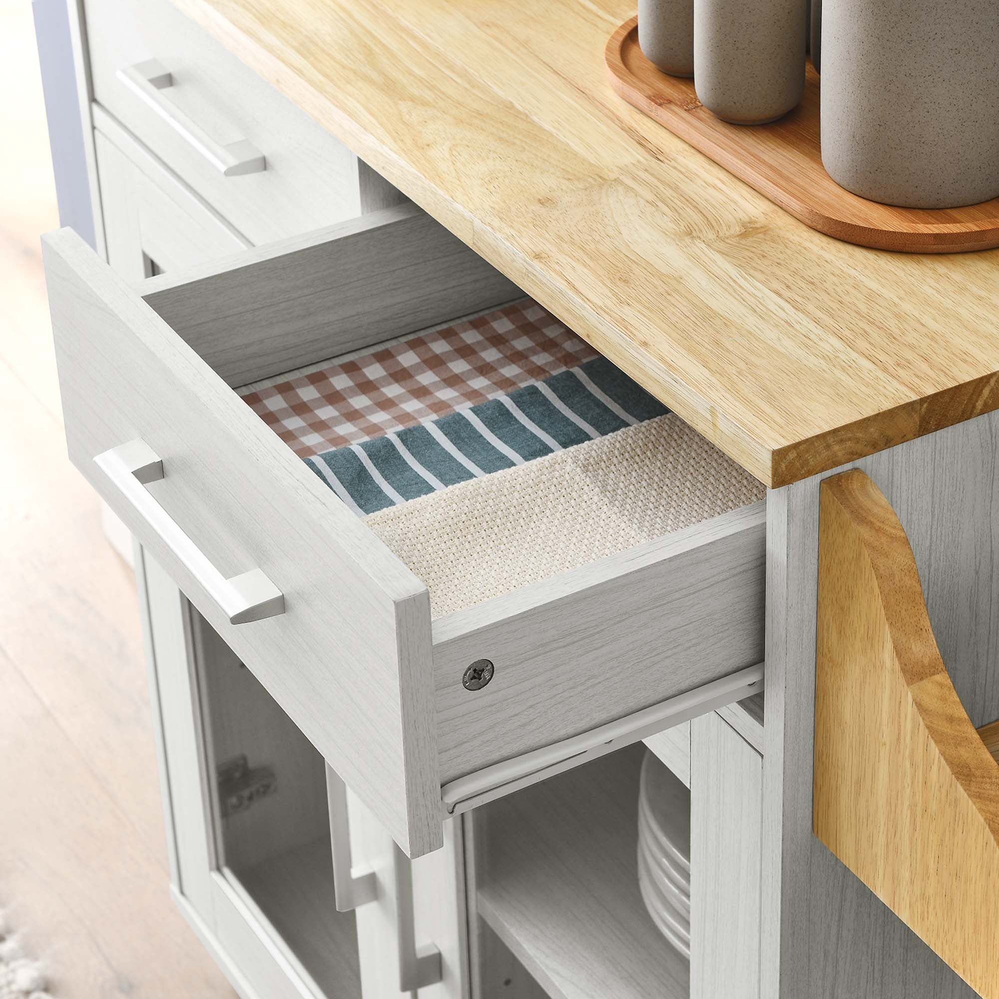 Modern Rolling Kitchen Cart with Rubberwood Top and Spice Rack – Light Gray 33 Inch - Image 11