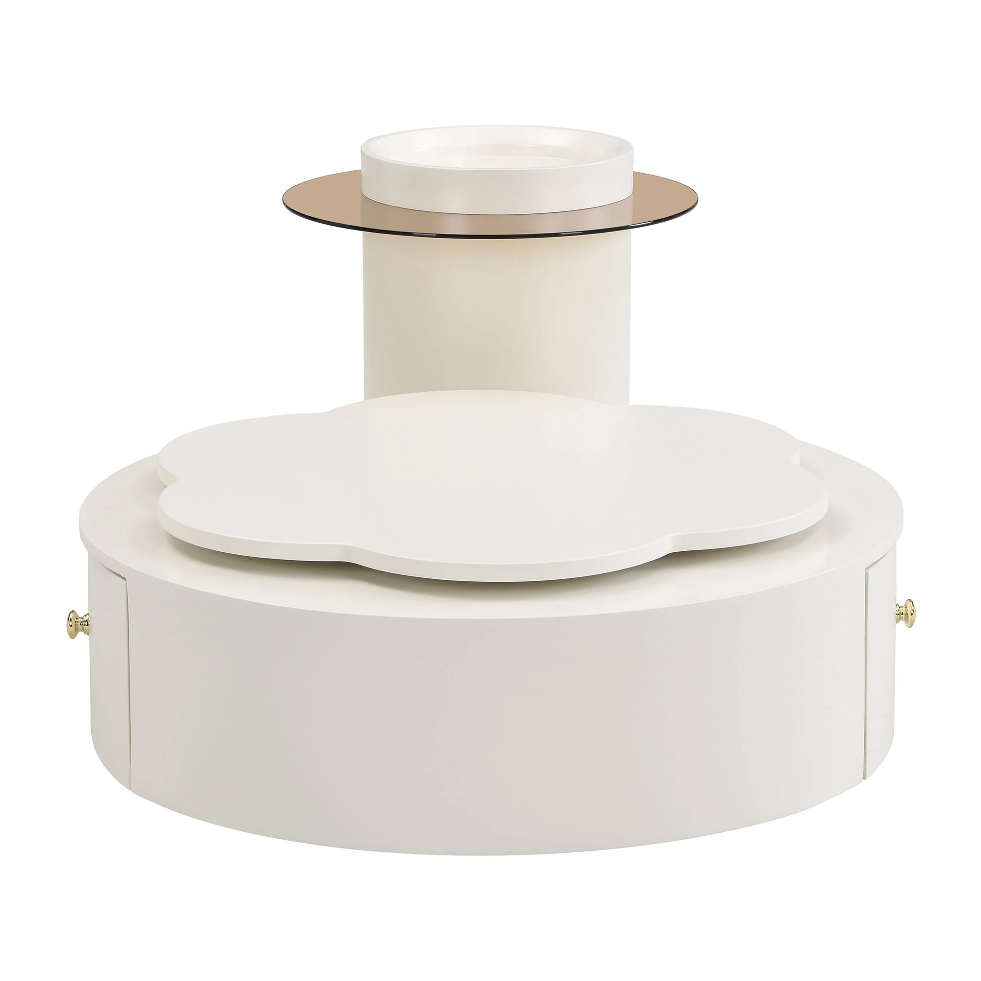 Modern Round Coffee Table (Set of 2), 360 Degree Rotatable Flower Shaped Top With 2 Drawers, Top Circle Side Table End Table With Glass For Living Room - Off White - Image 2